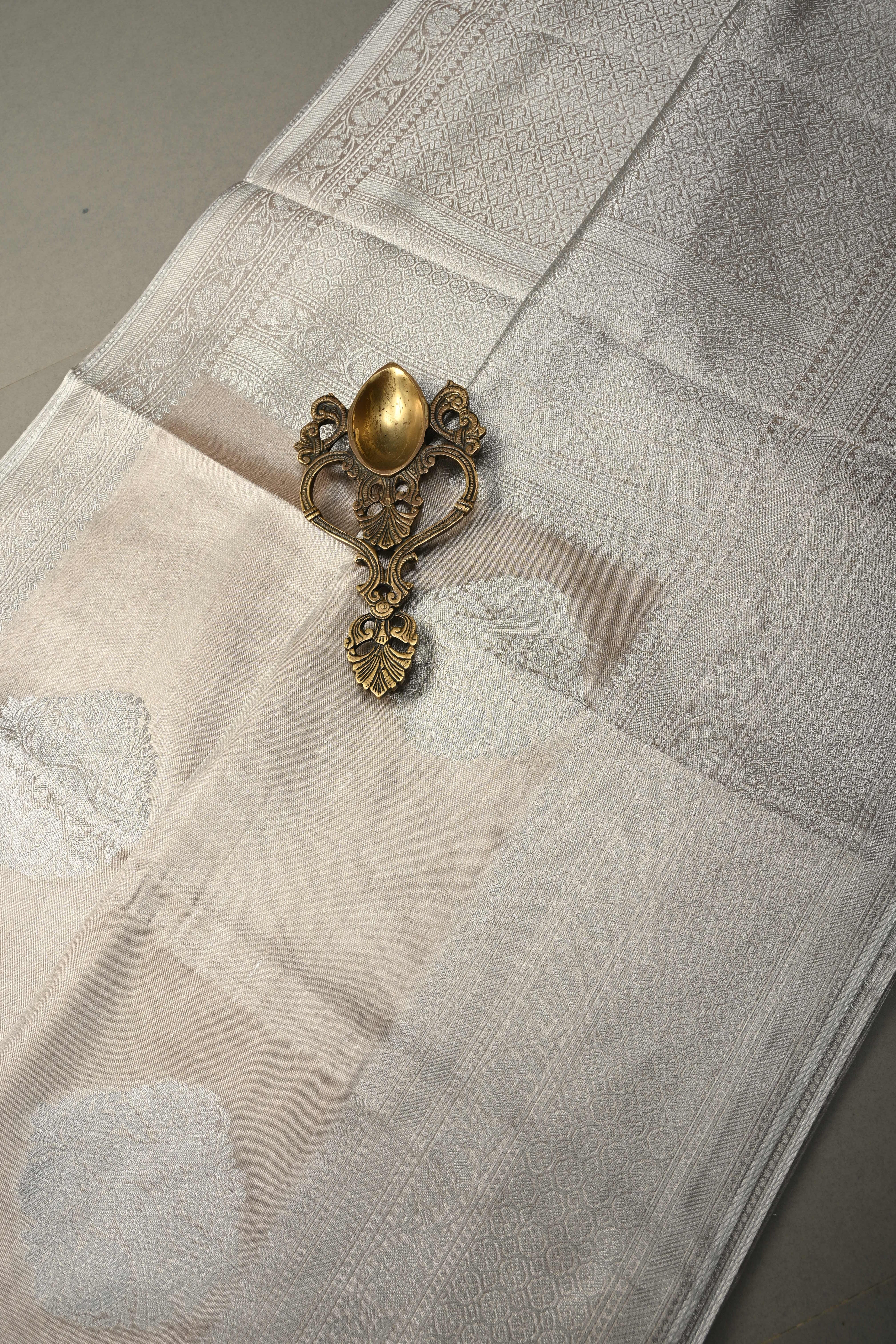 Taupe-Silver Kanchi Tissue Semi Silk Saree with Parrot Zari Buttas and Zari Border | Shobitam