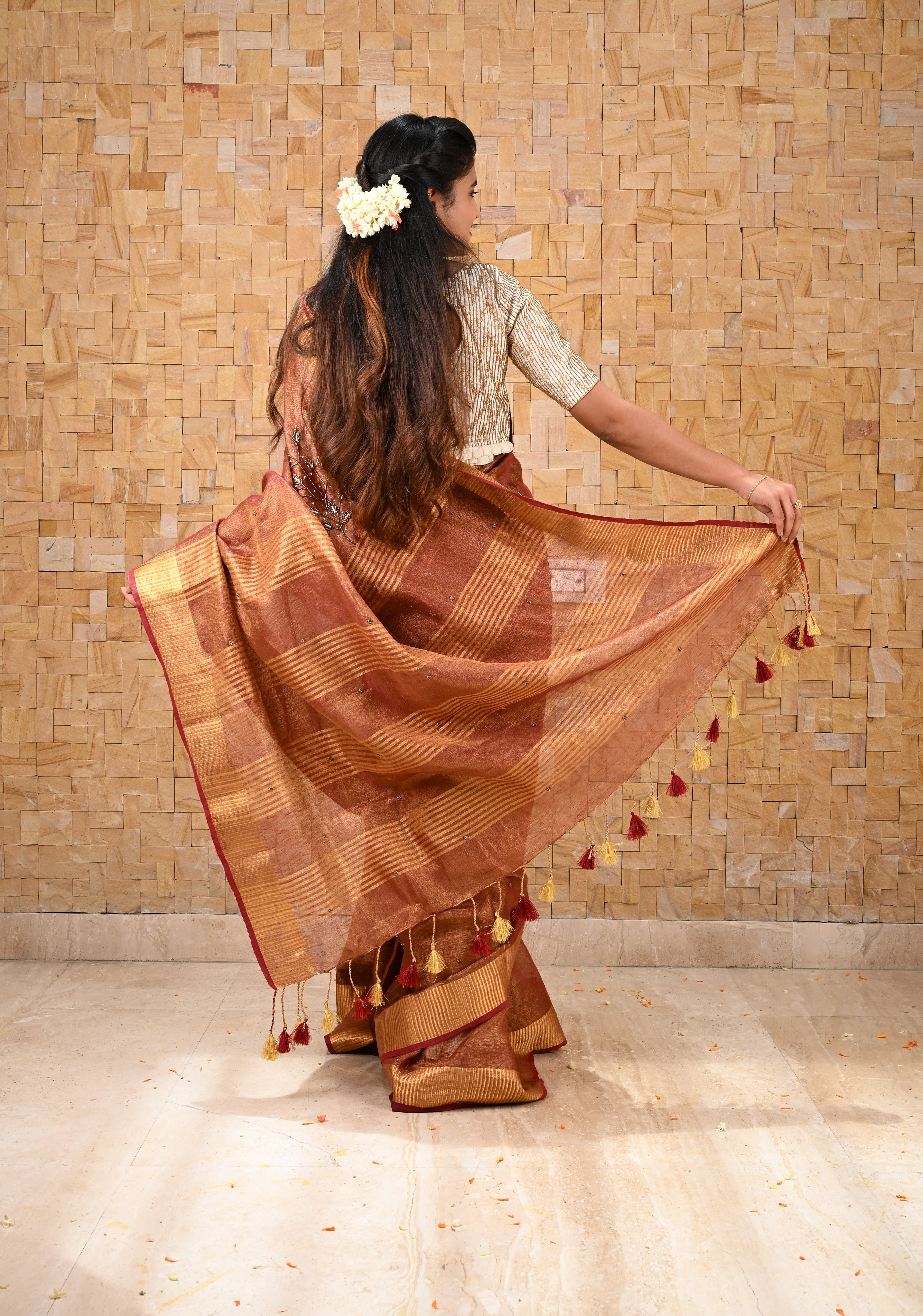 Golden Tissue Linen Saree in Reddish-Brown with Bead Embellishments | Shobitam
