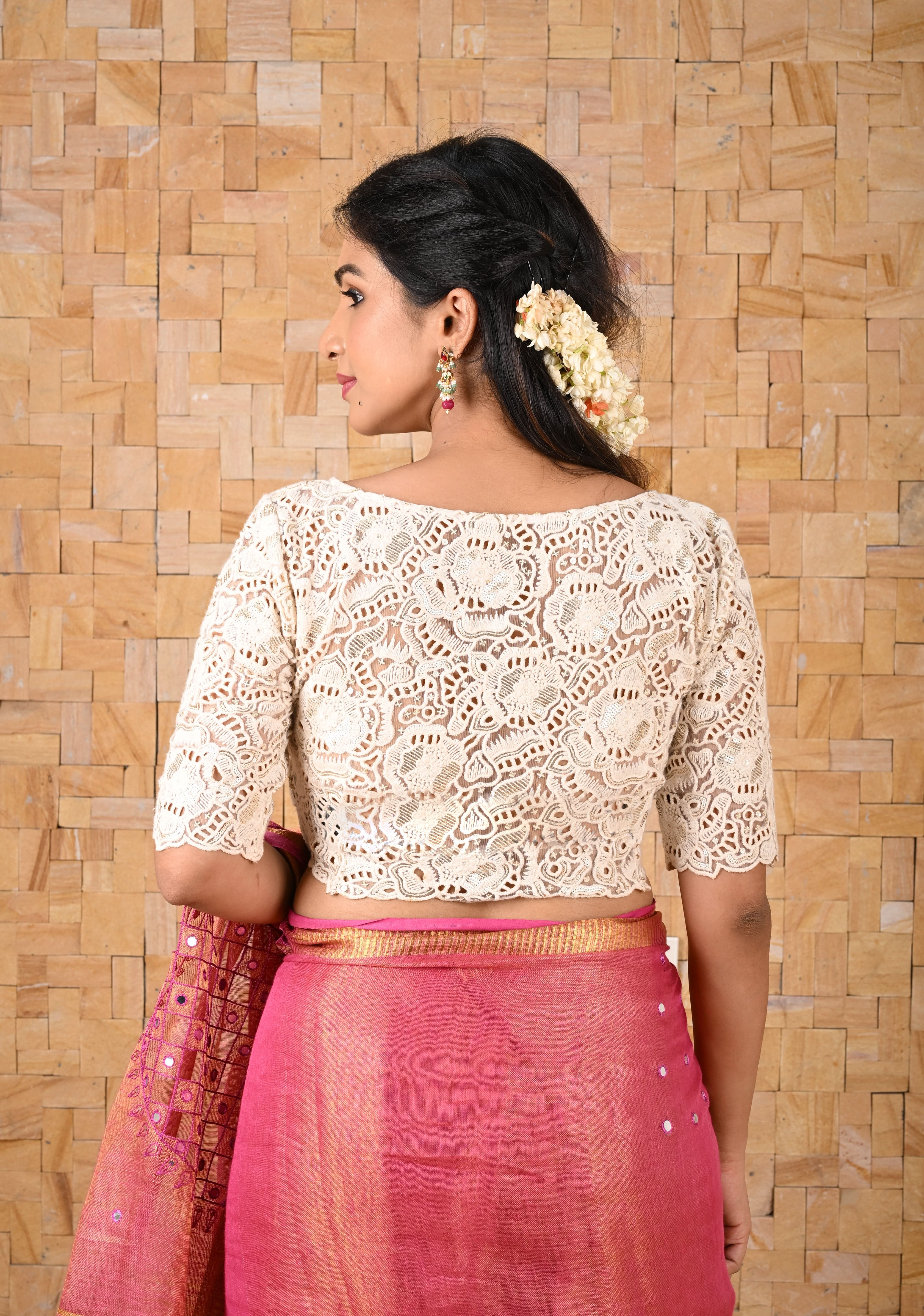 Crochet Style All Over jaal Ivory Blouse with Sheer Back and Sleeves, Customizable, Made to Order | Shobitam