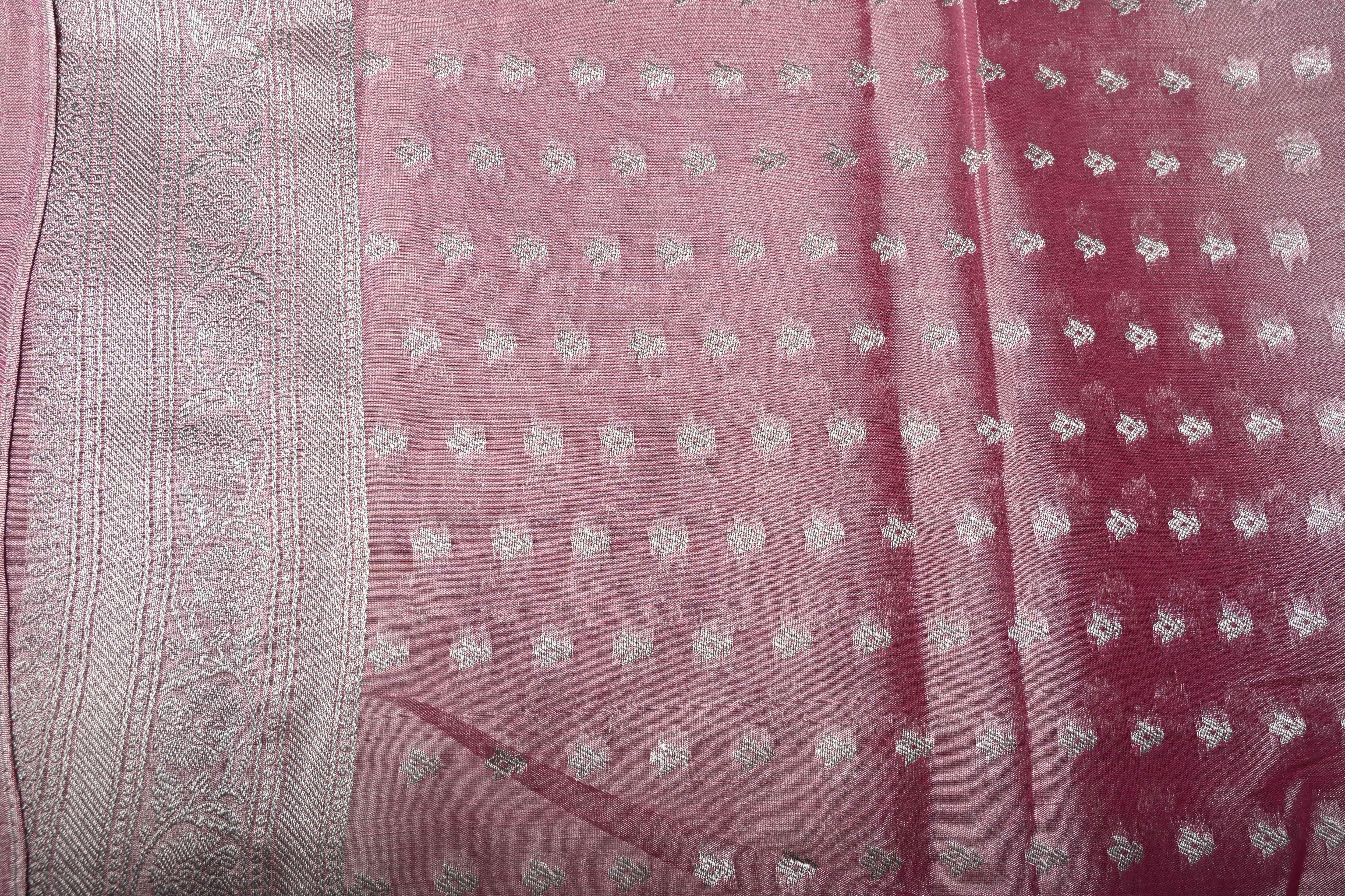 Rose Pink-Silver Kanchi Tissue Semi Silk Saree with Parrot Zari Buttas and Zari Border | Shobitam