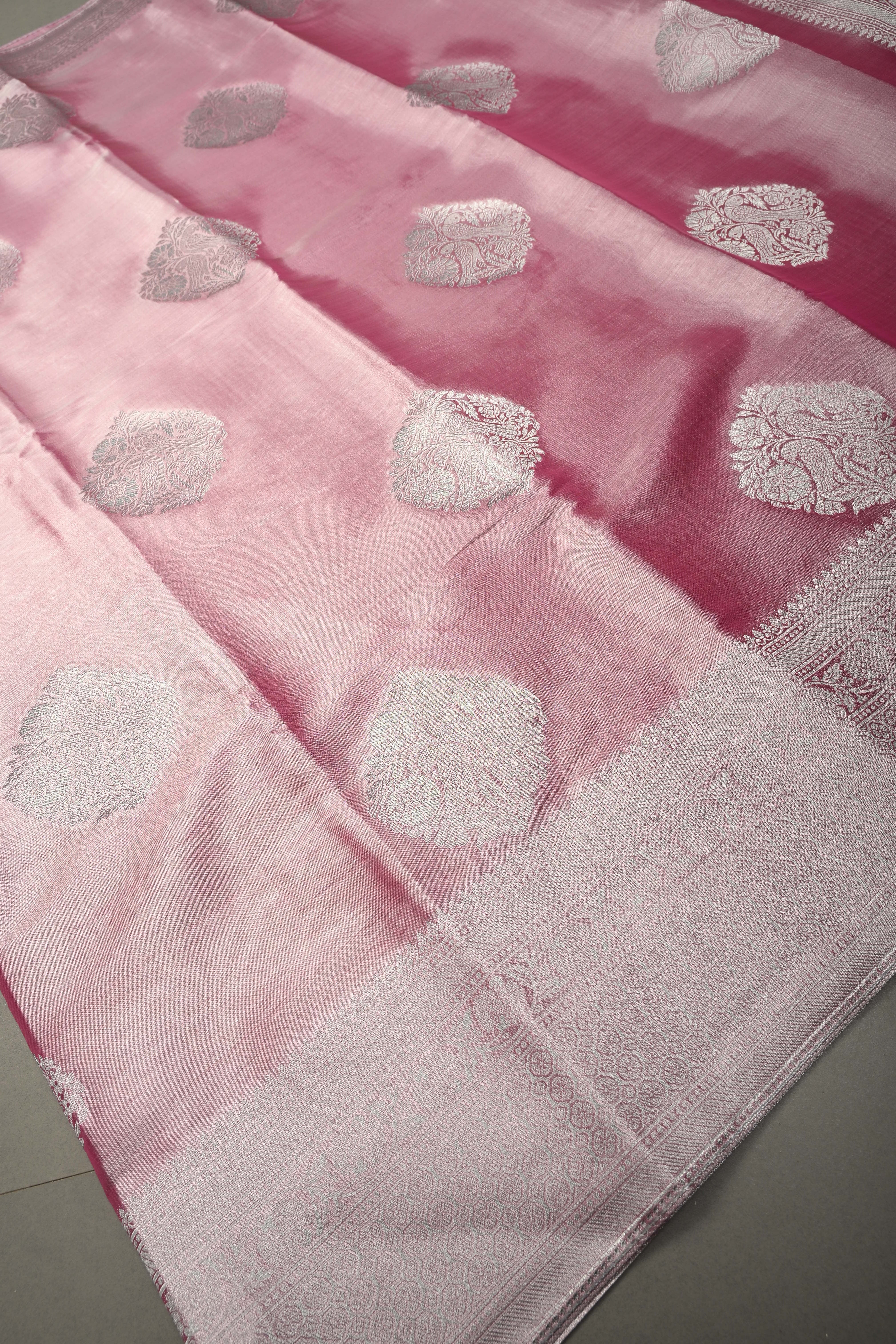 Rose Pink-Silver Kanchi Tissue Semi Silk Saree with Parrot Zari Buttas and Zari Border | Shobitam