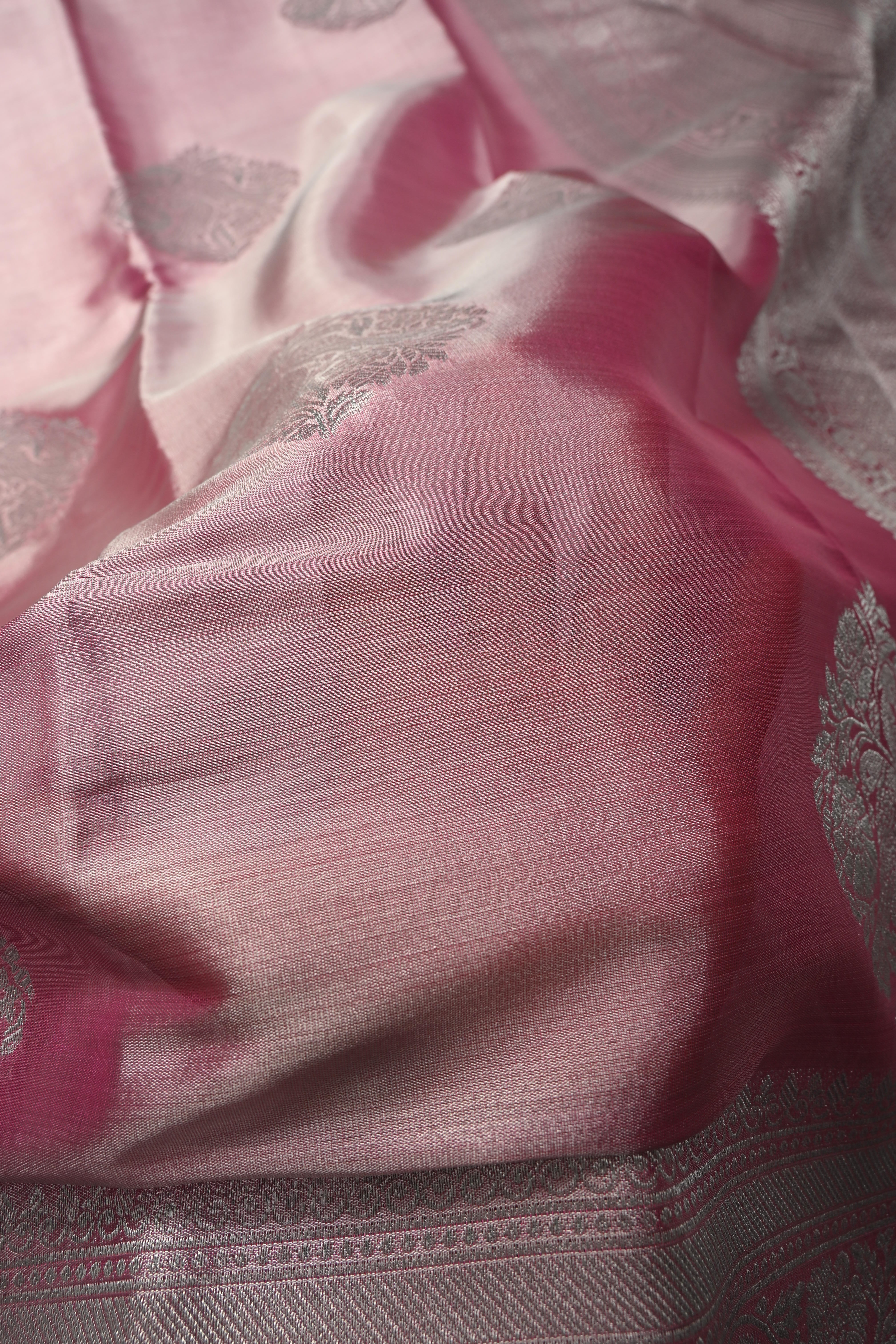 Rose Pink-Silver Kanchi Tissue Semi Silk Saree with Parrot Zari Buttas and Zari Border | Shobitam