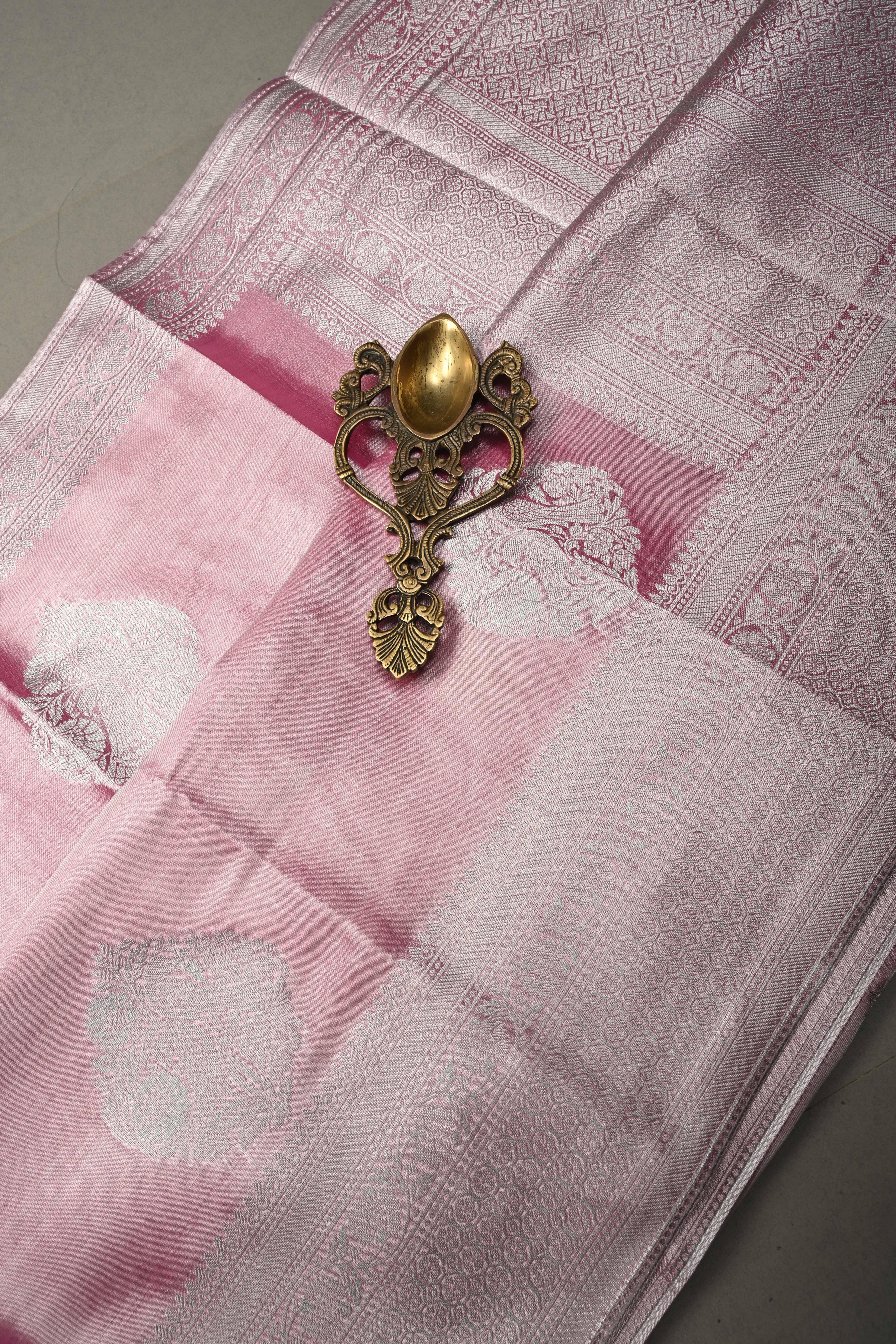 Rose Pink-Silver Kanchi Tissue Semi Silk Saree with Parrot Zari Buttas and Zari Border | Shobitam