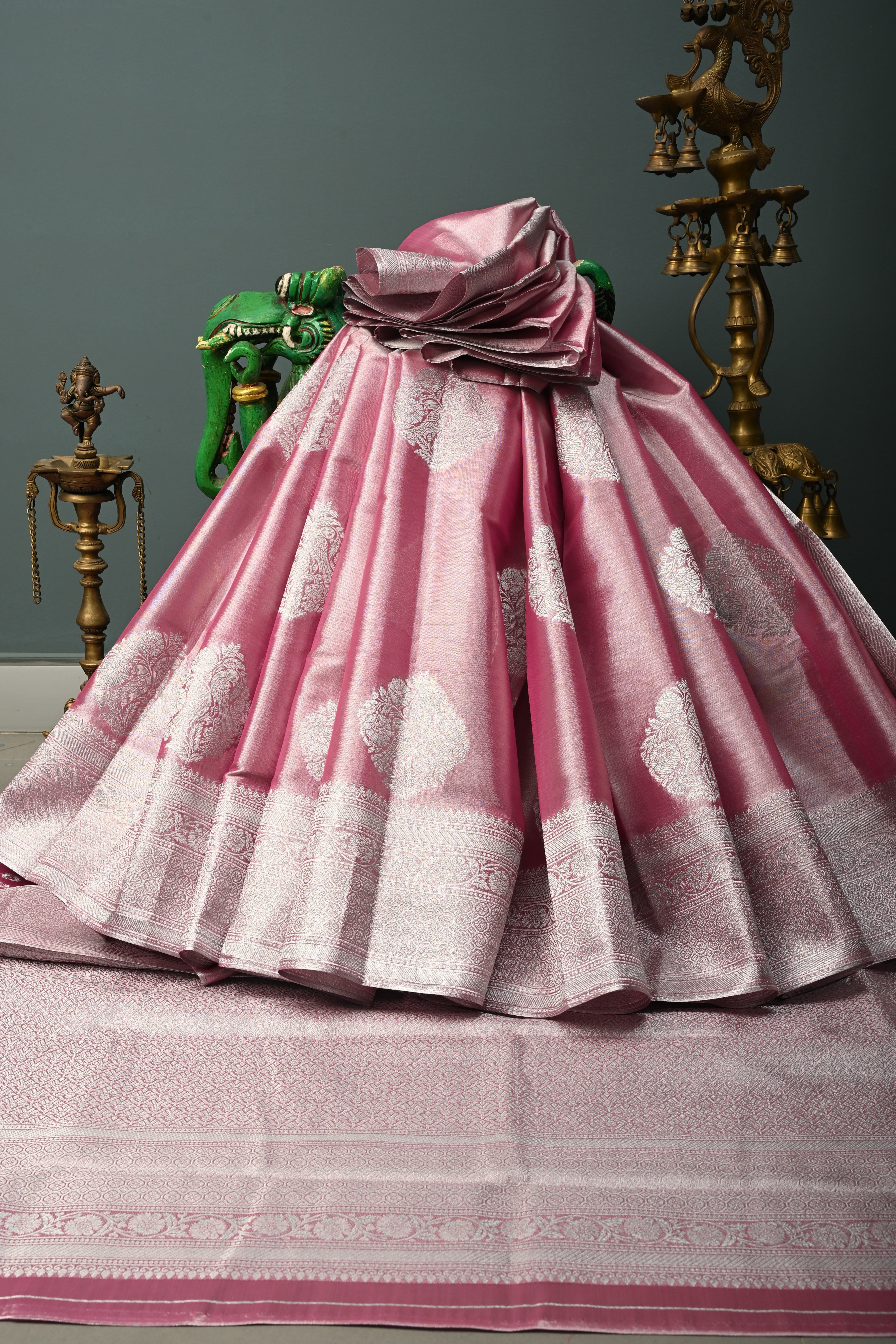 Rose Pink-Silver Kanchi Tissue Semi Silk Saree with Parrot Zari Buttas and Zari Border | Shobitam