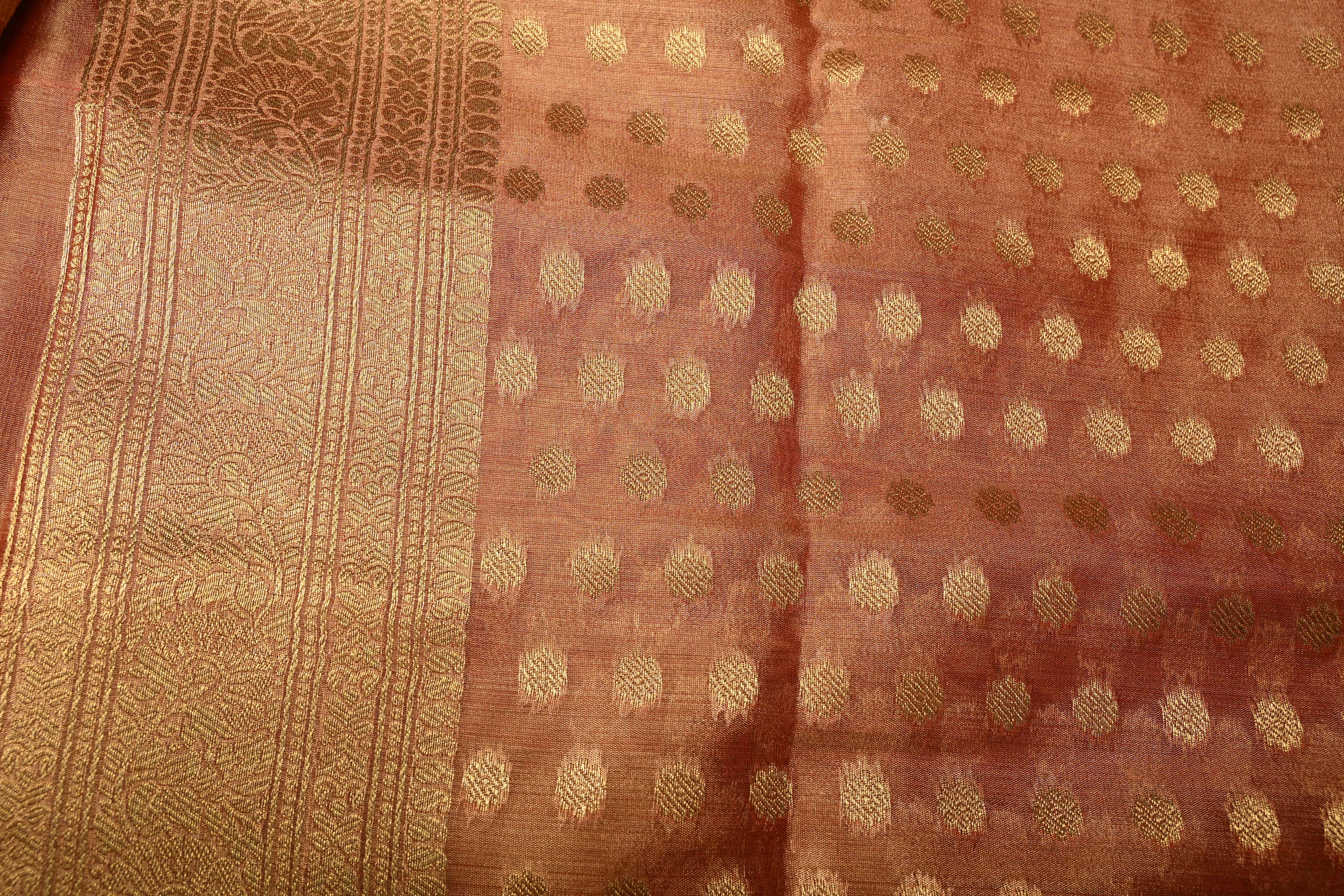 Reddish-Gold Kanchi Tissue Semi Silk Saree with Gandaberunda Zari Buttas and Zari Border | Shobitam