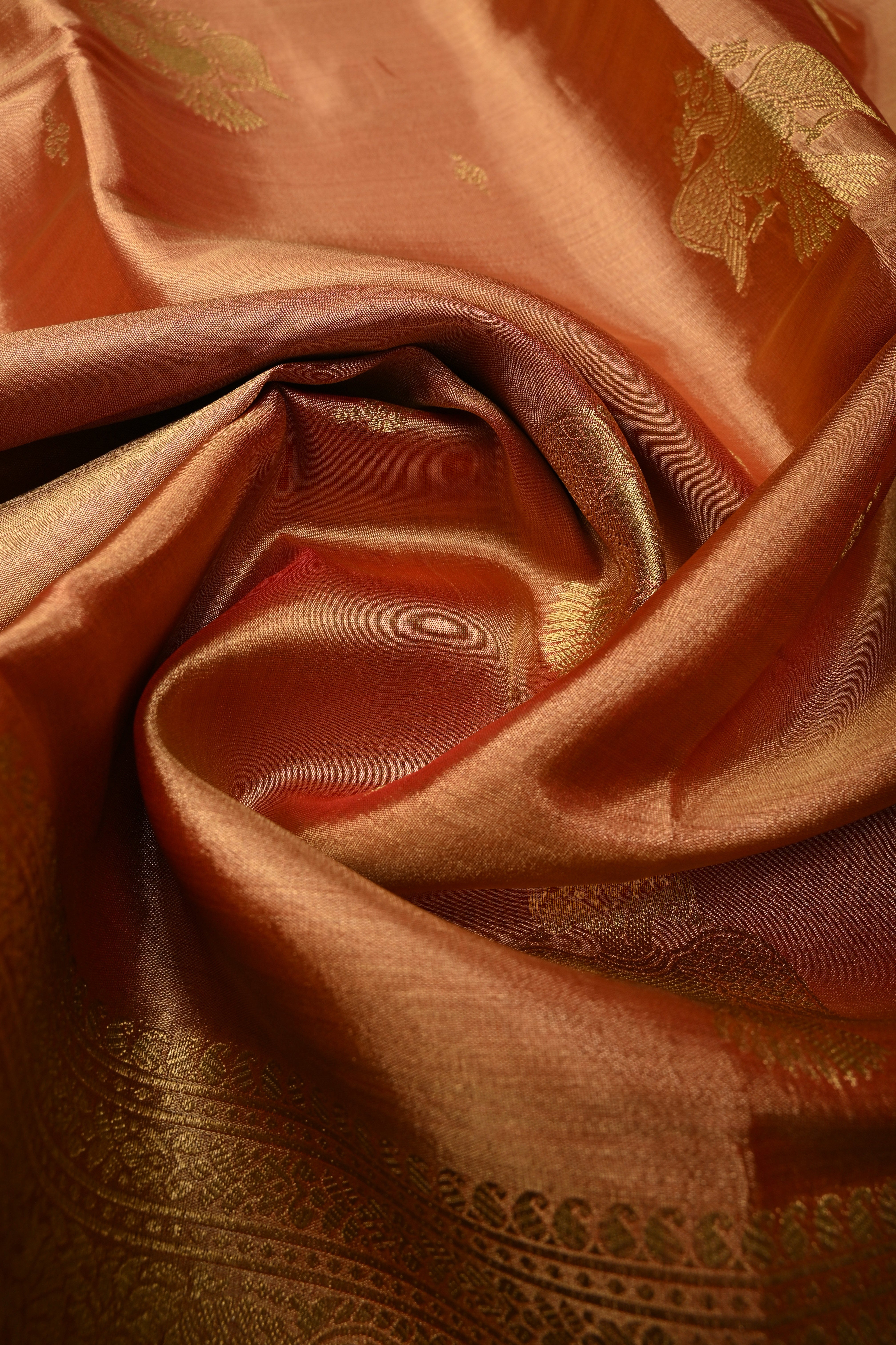 Reddish-Gold Kanchi Tissue Semi Silk Saree with Gandaberunda Zari Buttas and Zari Border | Shobitam