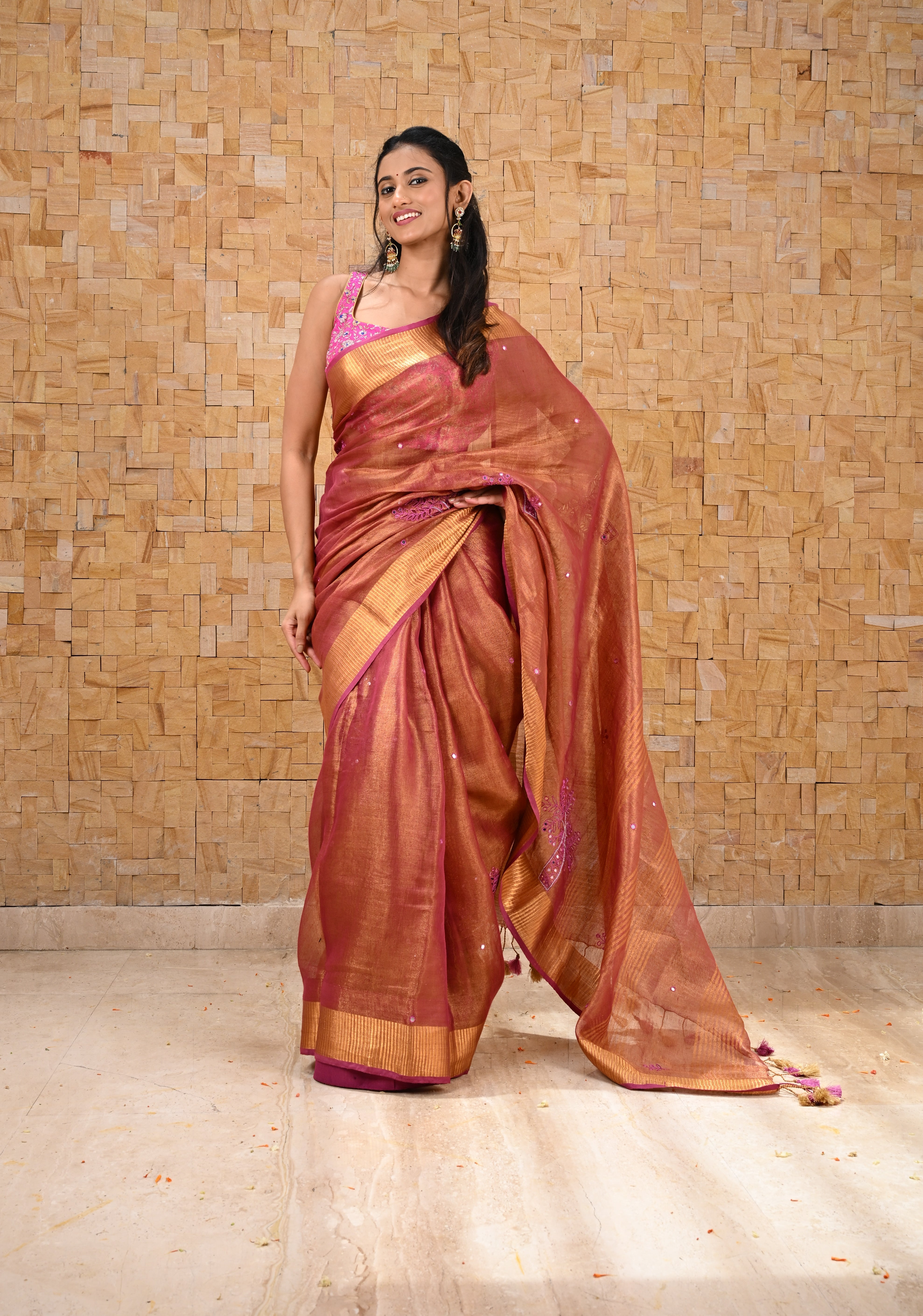 Tree Cutwork and Mirror Work Tissue Linen Saree in Magenta with pretty tassels | Shobitam