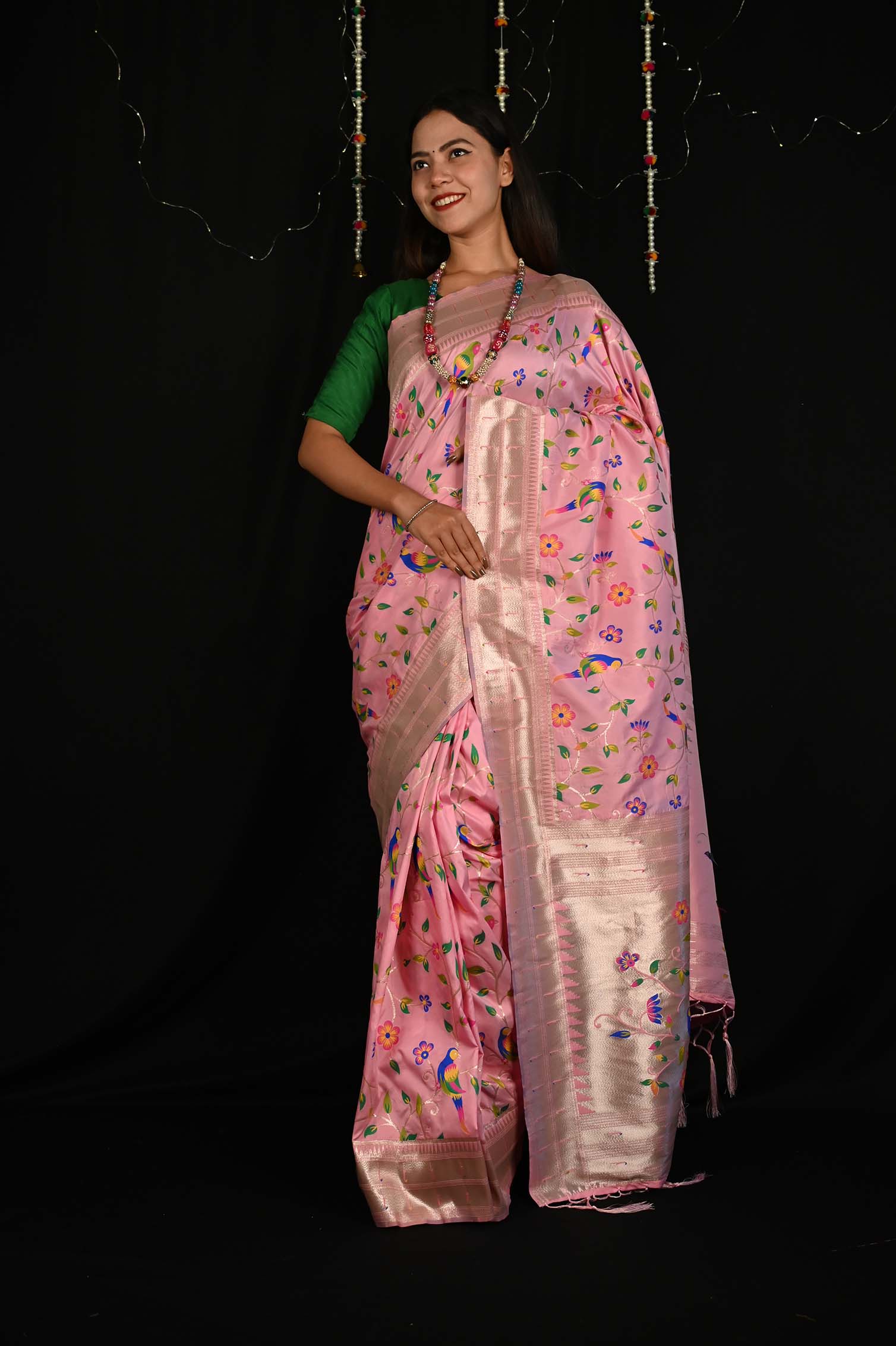 Ready to Wear Pink Paithani Pattern Art silk With Ornate Pallu Wrap in 1 minute saree - Isadora Life