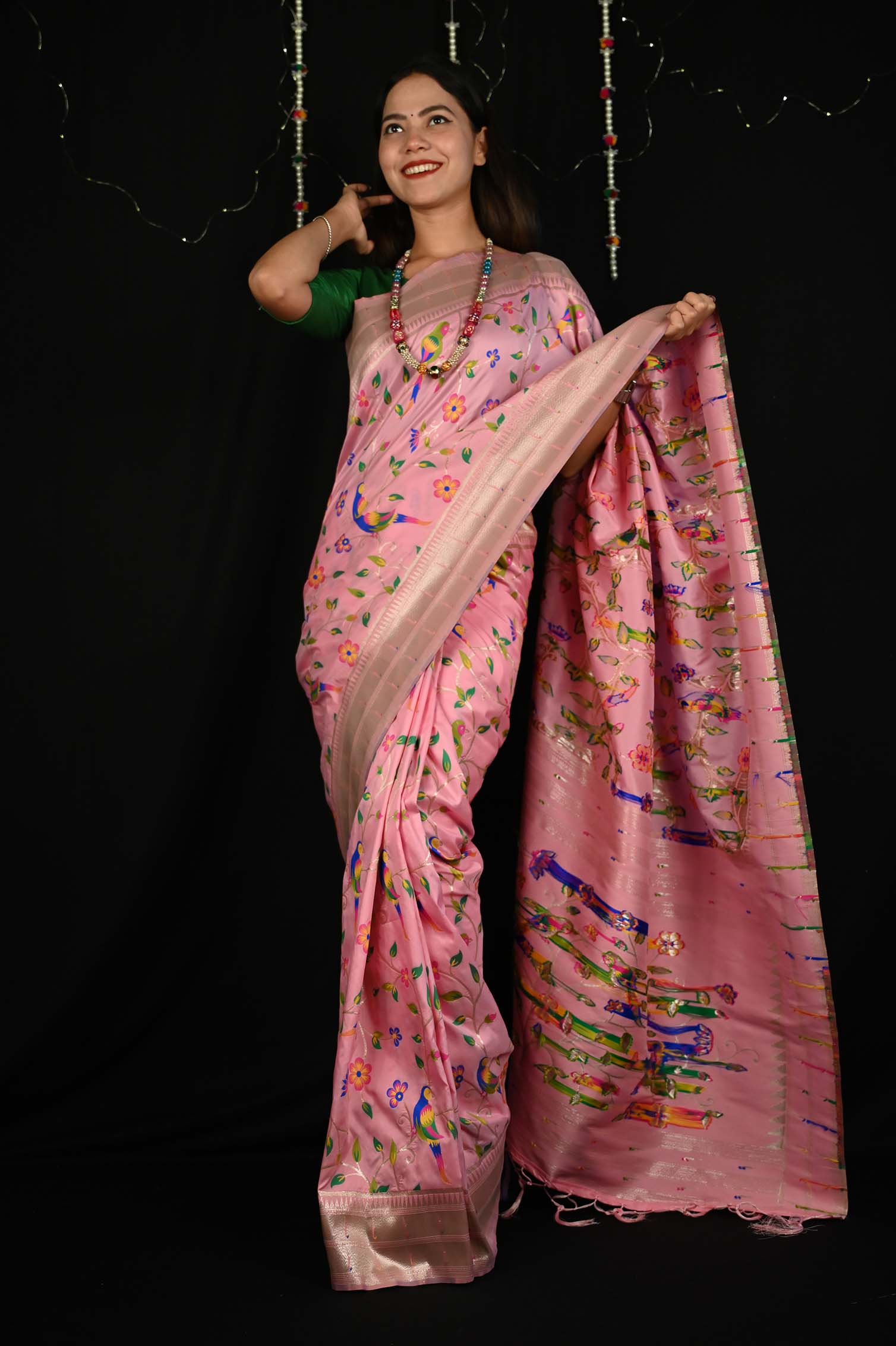 Ready to Wear Pink Paithani Pattern Art silk With Ornate Pallu Wrap in 1 minute saree - Isadora Life