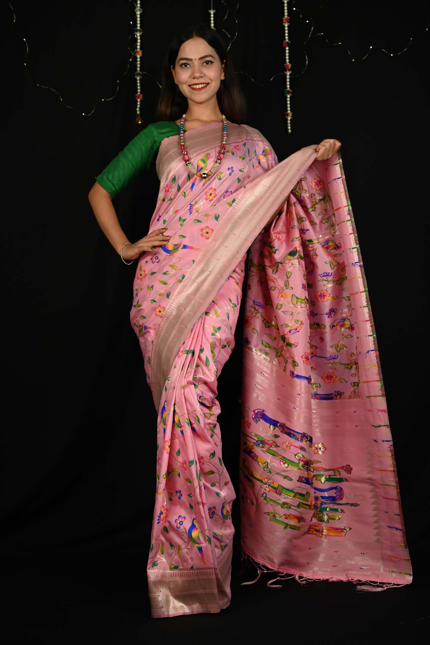 Ready to Wear Pink Paithani Pattern Art silk With Ornate Pallu Wrap in 1 minute saree - Isadora Life