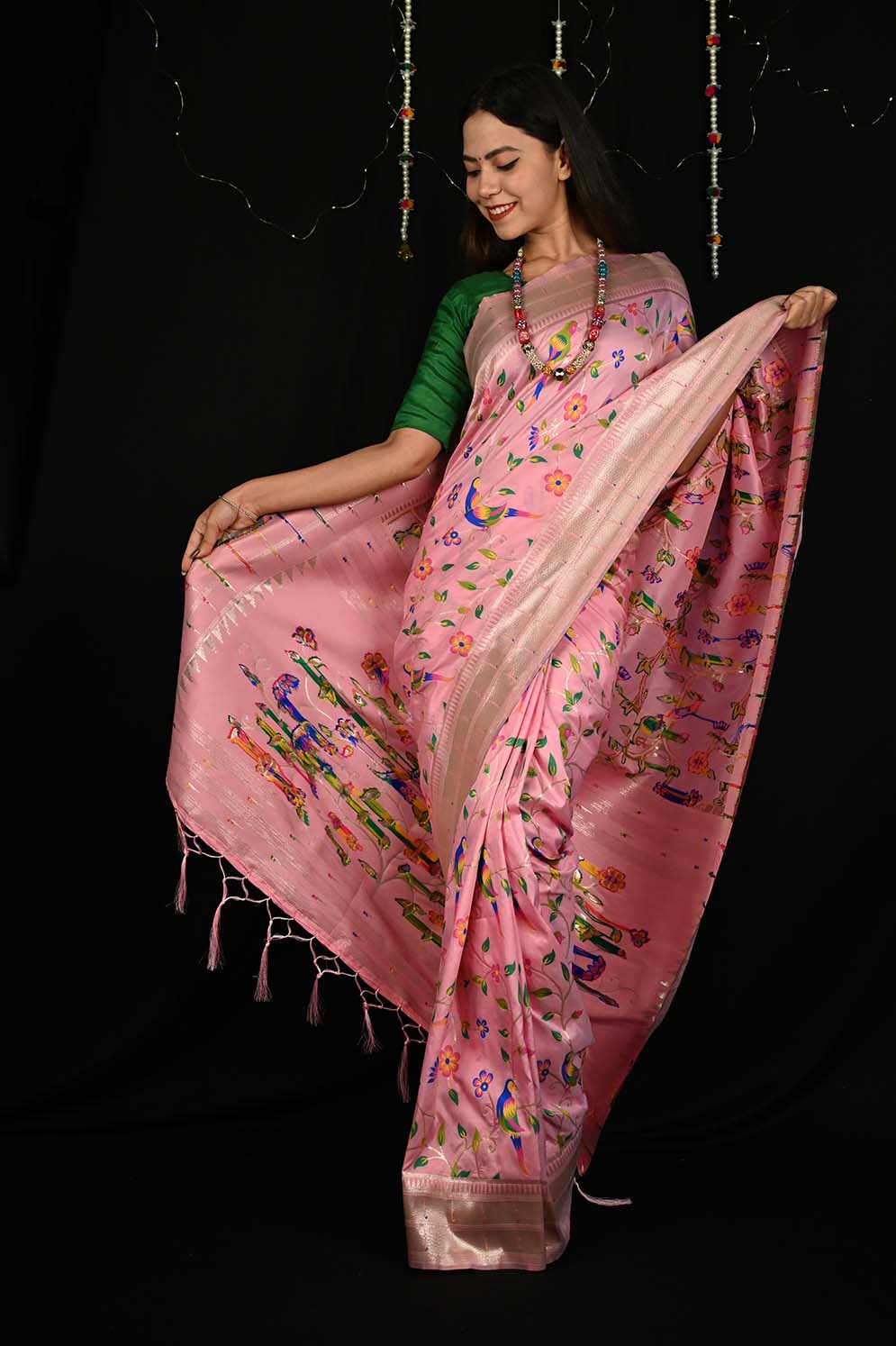Ready to Wear Pink Paithani Pattern Art silk With Ornate Pallu Wrap in 1 minute saree - Isadora Life