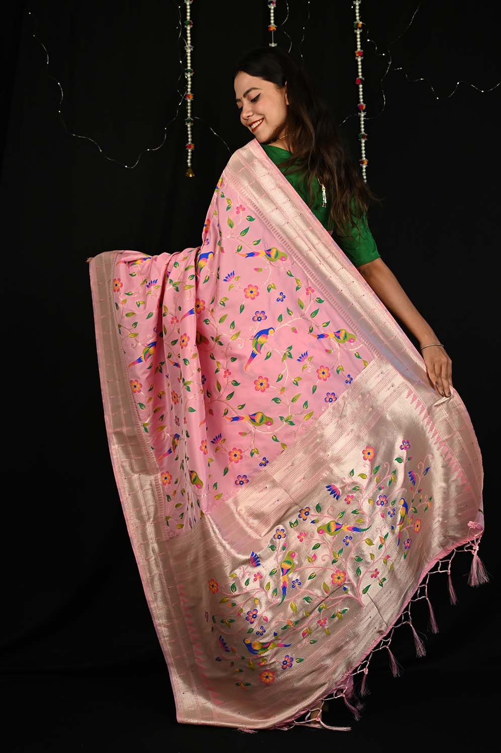 Ready to Wear Pink Paithani Pattern Art silk With Ornate Pallu Wrap in 1 minute saree - Isadora Life