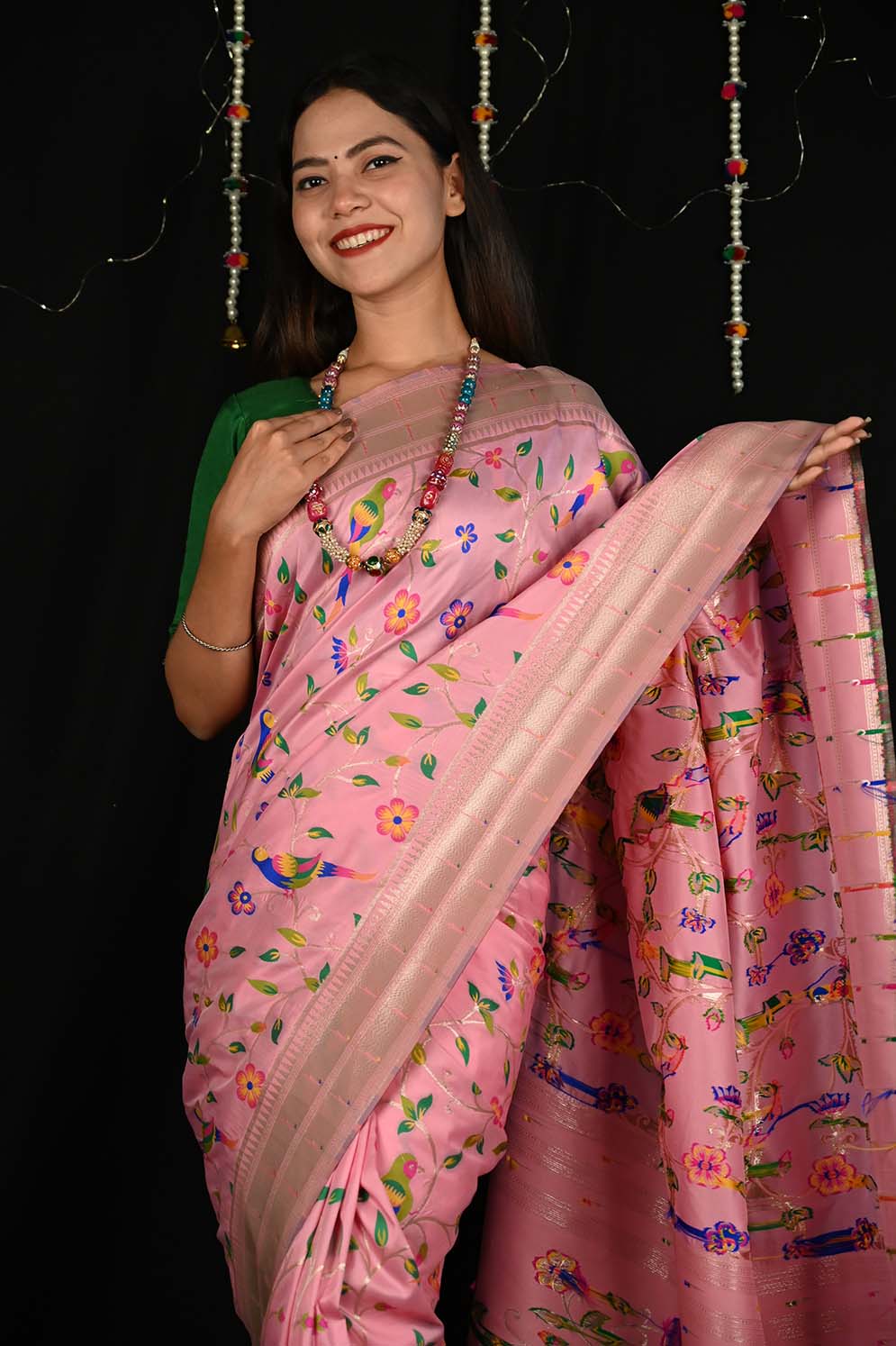 Ready to Wear Pink Paithani Pattern Art silk With Ornate Pallu Wrap in 1 minute saree - Isadora Life