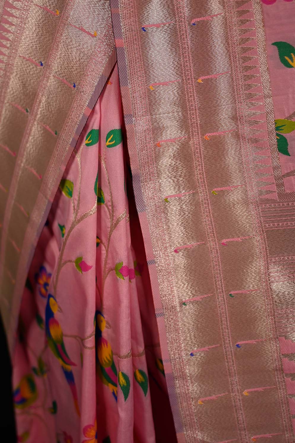 Ready to Wear Pink Paithani Pattern Art silk With Ornate Pallu Wrap in 1 minute saree - Isadora Life