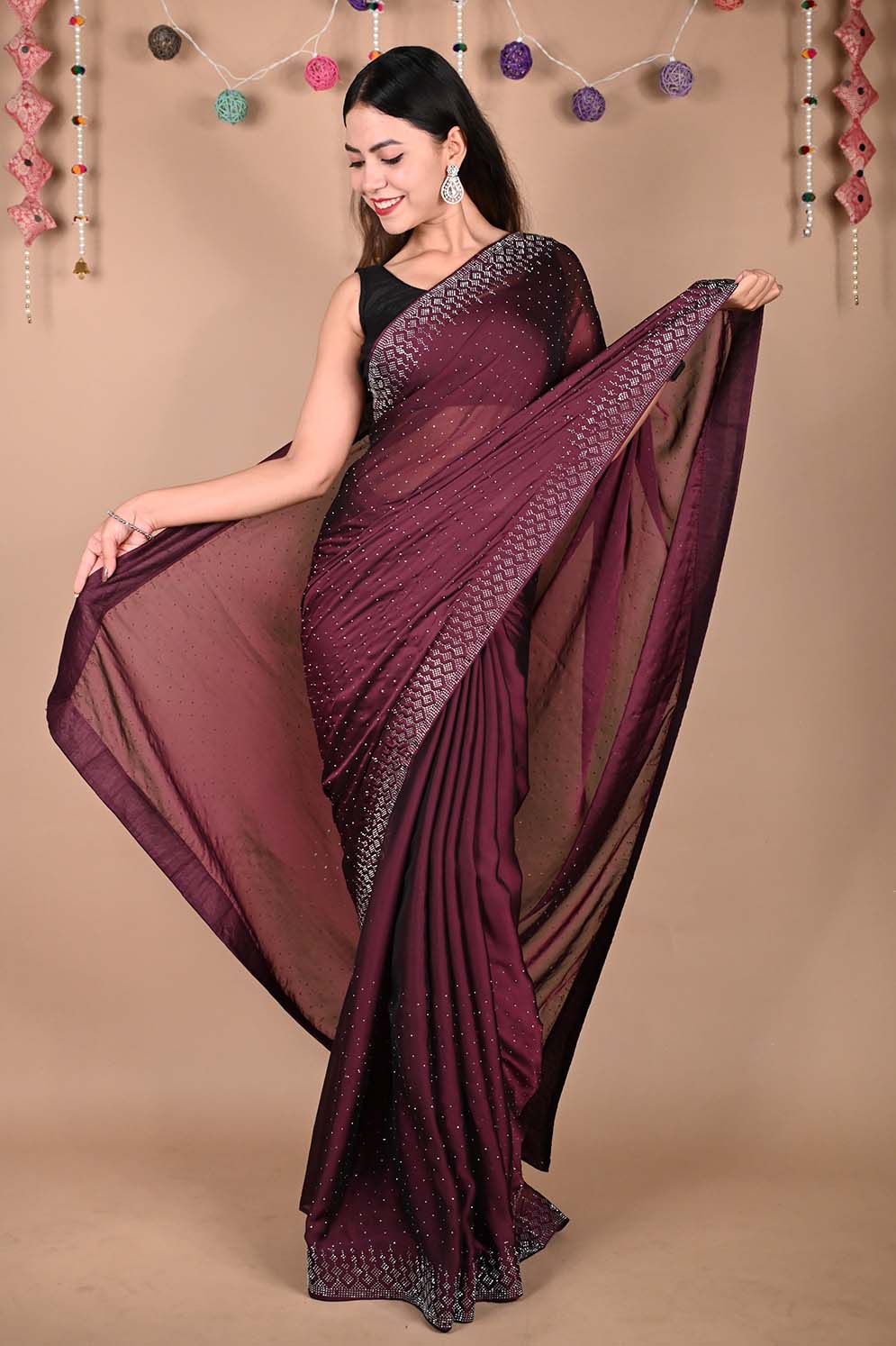 Alluring Burgundy Soft Georgette Silk With Stone Sequence Bead Detailed Work All Over Wrap in 1 minute saree - Isadora Life