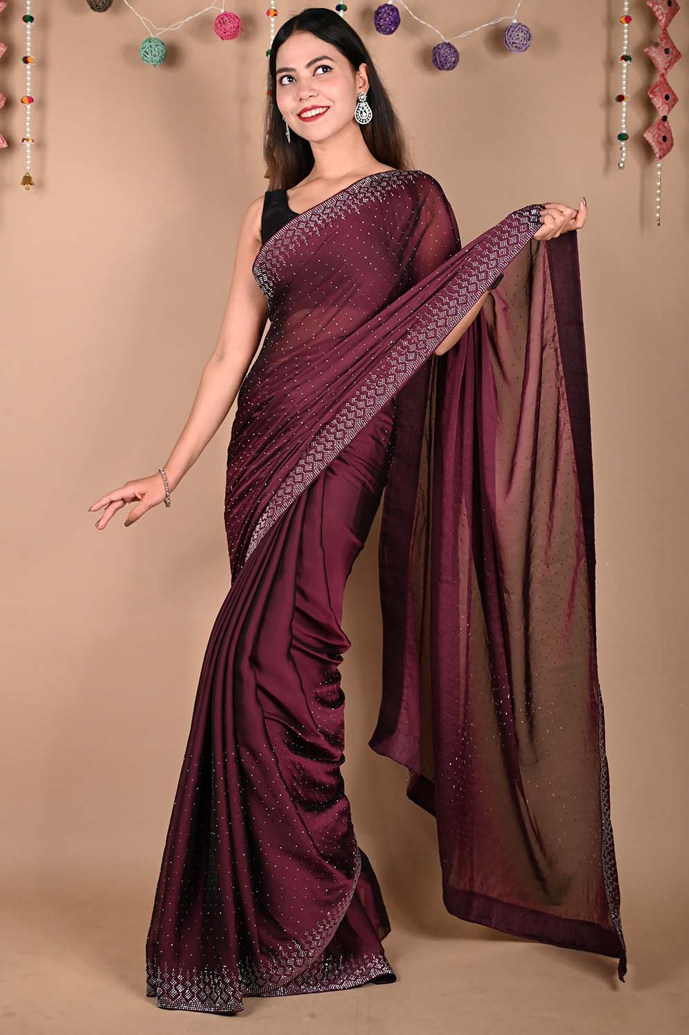 Alluring Burgundy Soft Georgette Silk With Stone Sequence Bead Detailed Work All Over Wrap in 1 minute saree - Isadora Life