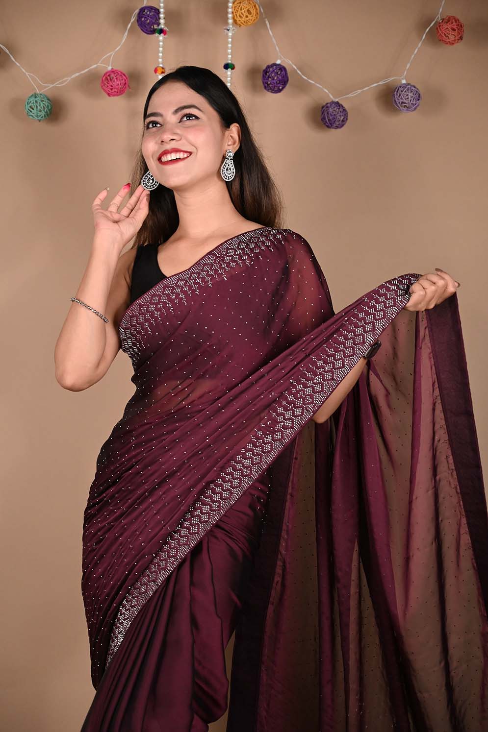 Alluring Burgundy Soft Georgette Silk With Stone Sequence Bead Detailed  Work All Over  Wrap in 1 minute saree - Isadora Life