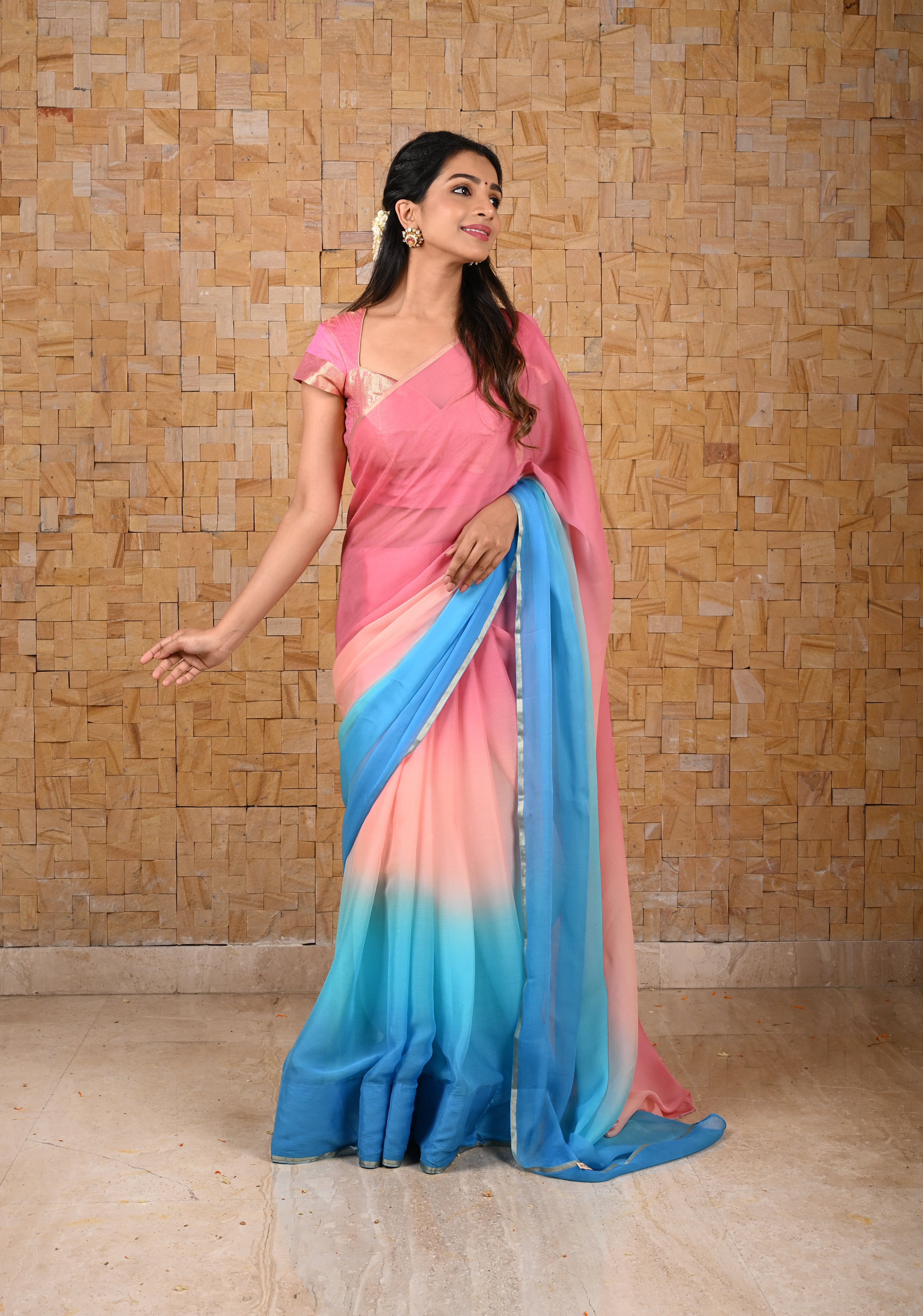 Multicolor Bollywood style ombré pure chiffon saree in shades of Blue and Pink, No Blouse Piece | Shobitam