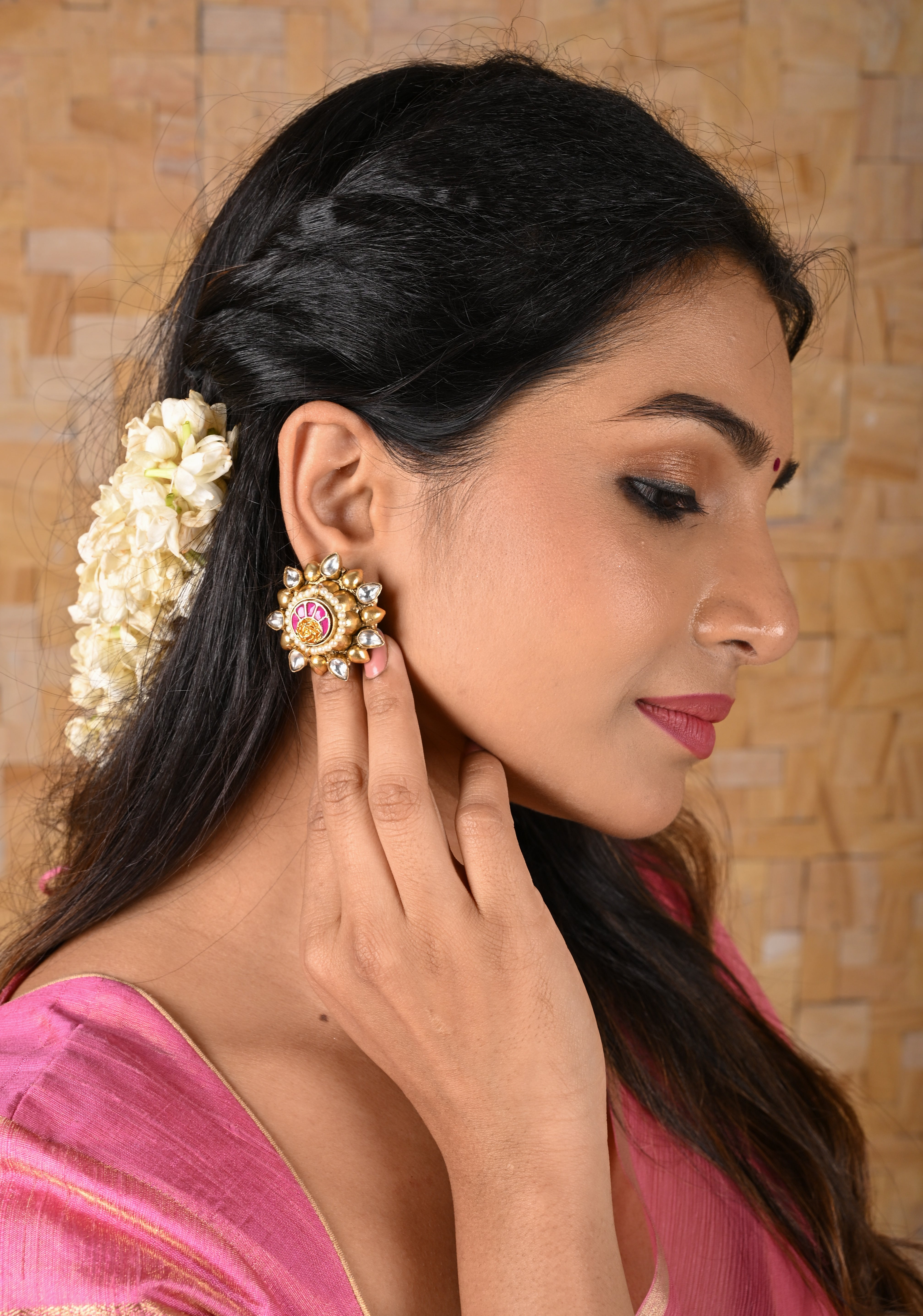 Gold statement studs with Pink Kundan embellishments, lightweight jewelry | Shobitam Jewelry