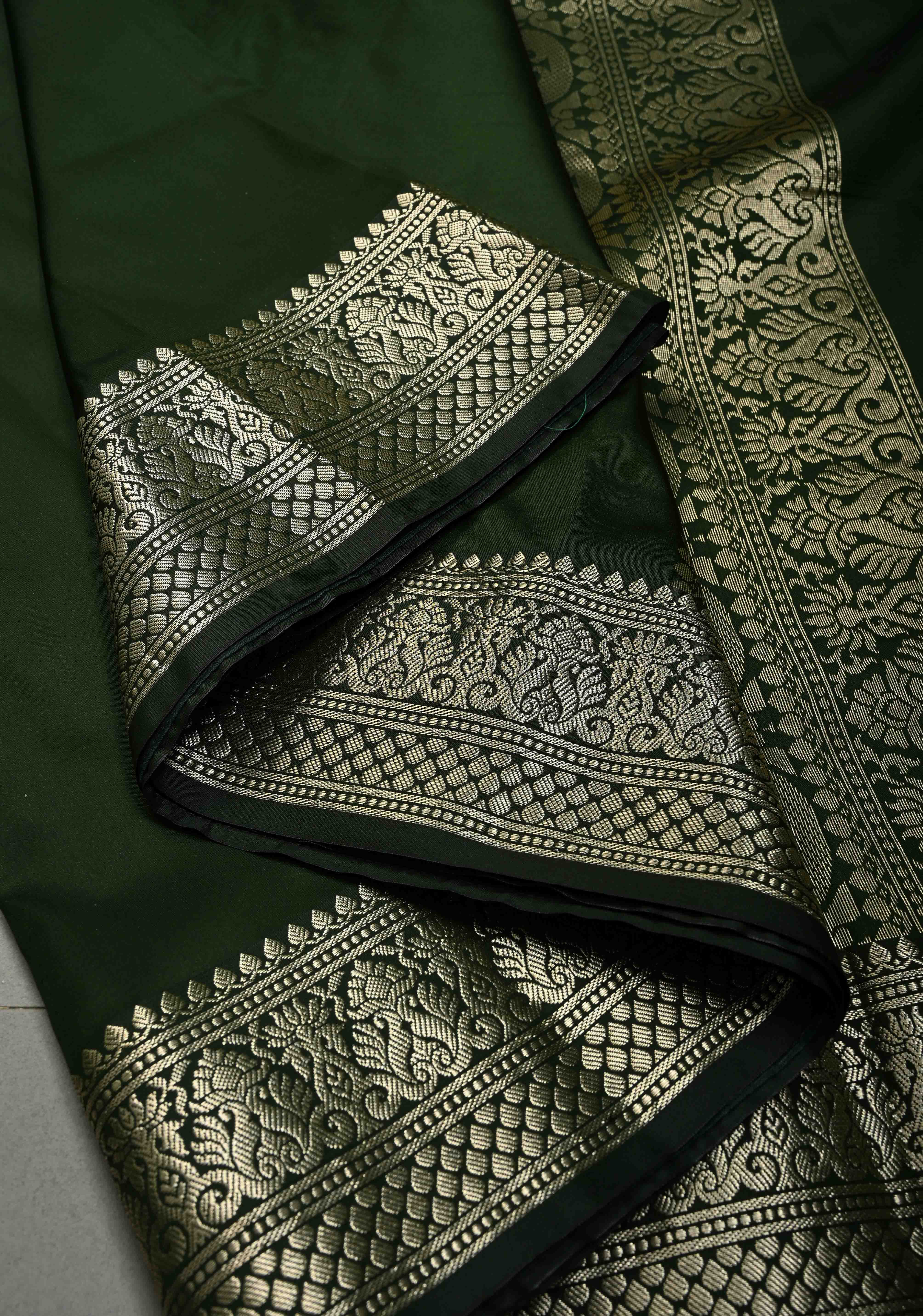 Deep Forest Green Semi Silk Saree with Zari Border | SHOBITAM