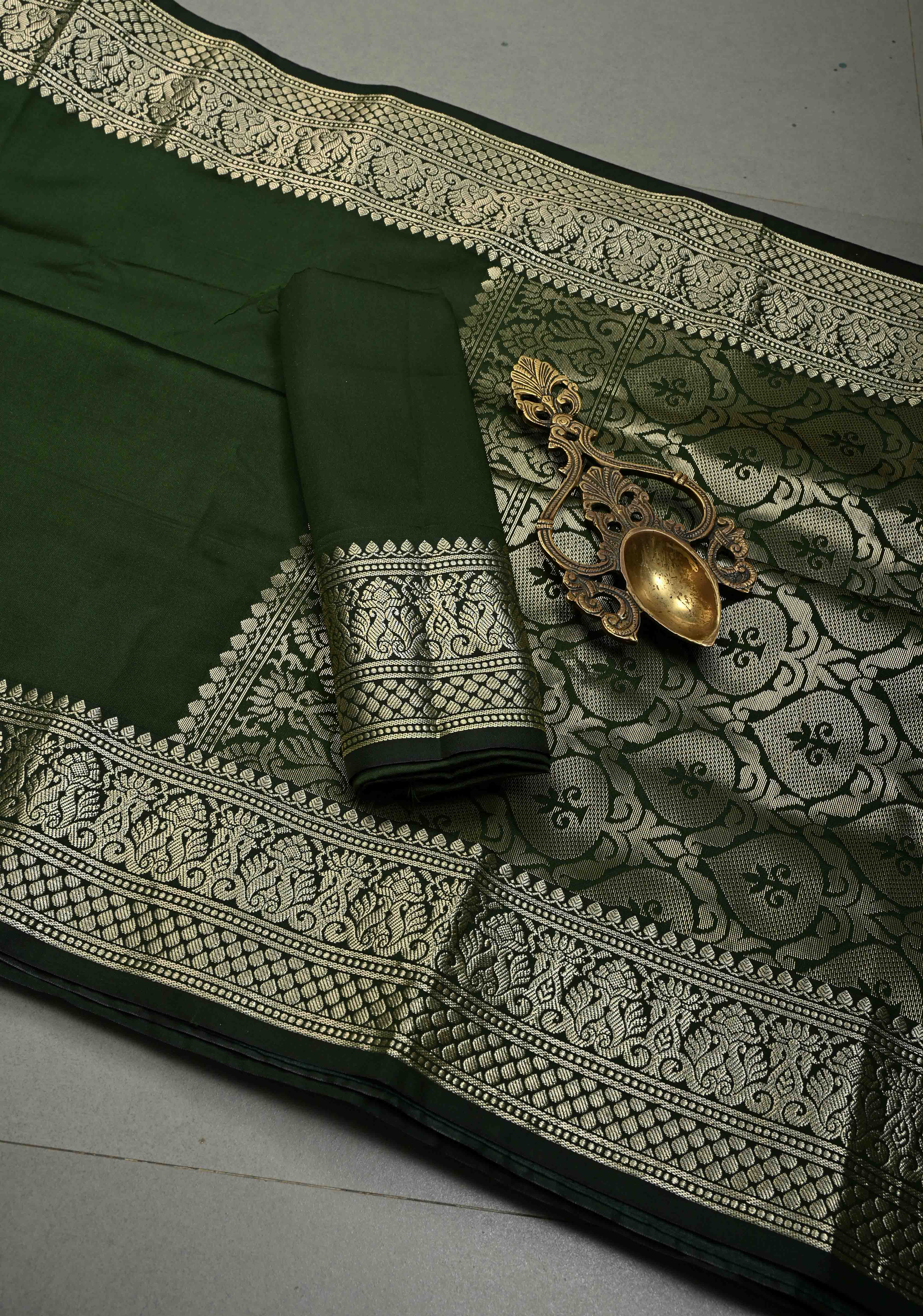 Deep Forest Green Semi Silk Saree with Zari Border | SHOBITAM