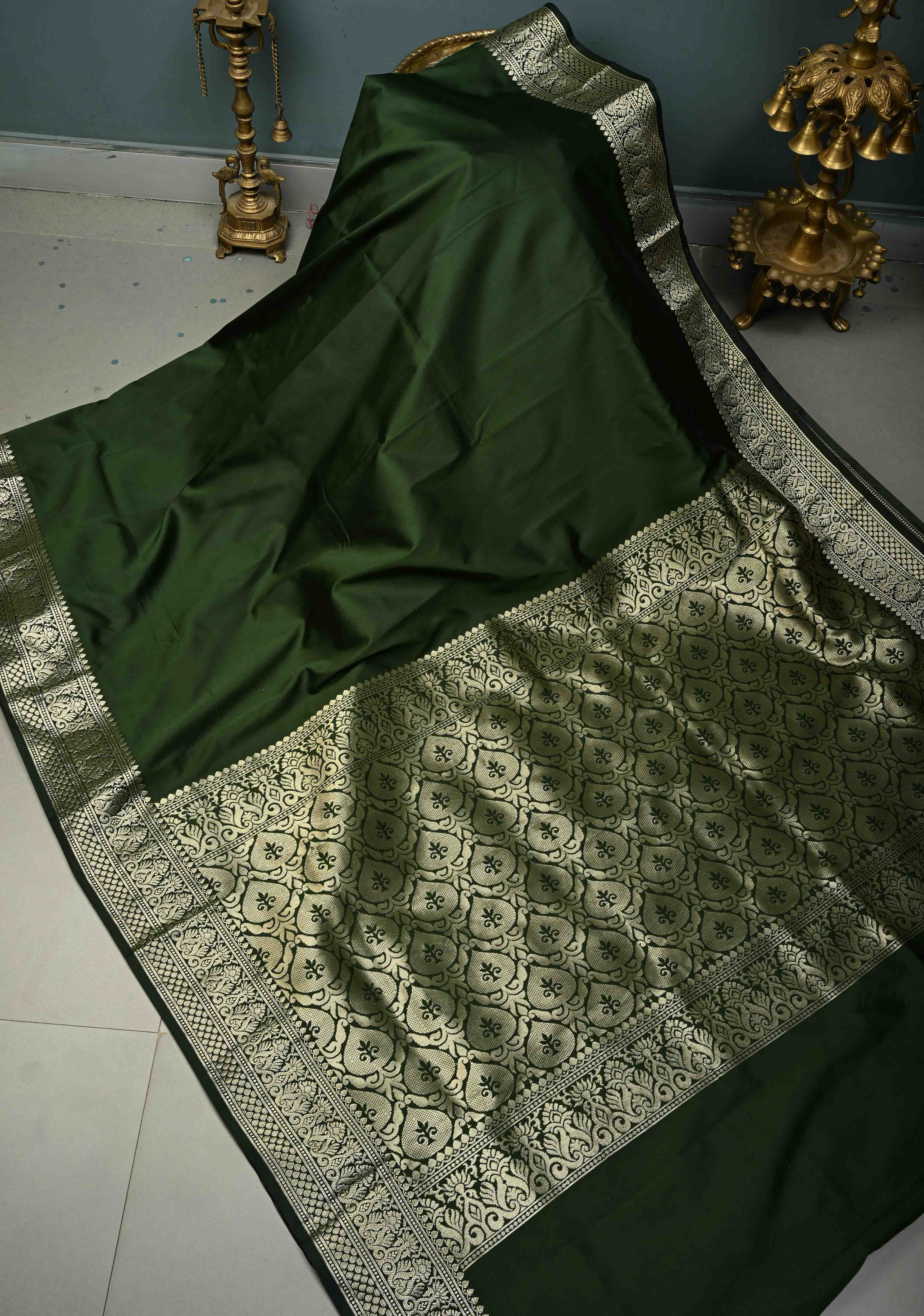 Deep Forest Green Semi Silk Saree with Zari Border | SHOBITAM