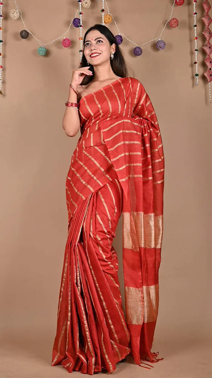 Ready To Wear Red Bhagalpuri Cotton Silk with woven zari & Ornate Pallu Wrap in 1 minute saree