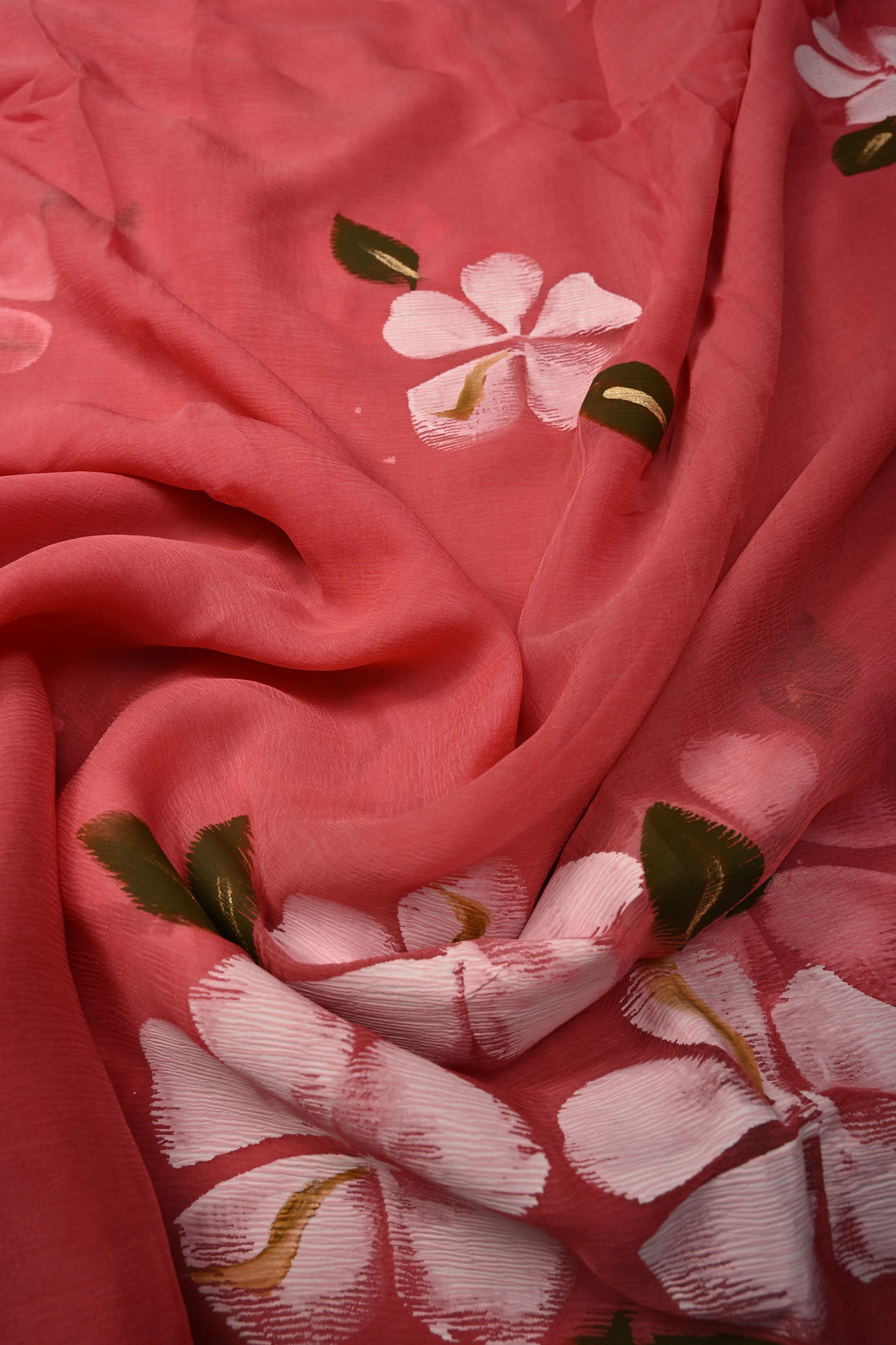 Dusty Rose Chiffon Saree with Floral Handpainted ,No Blouse Piece | Shobitam