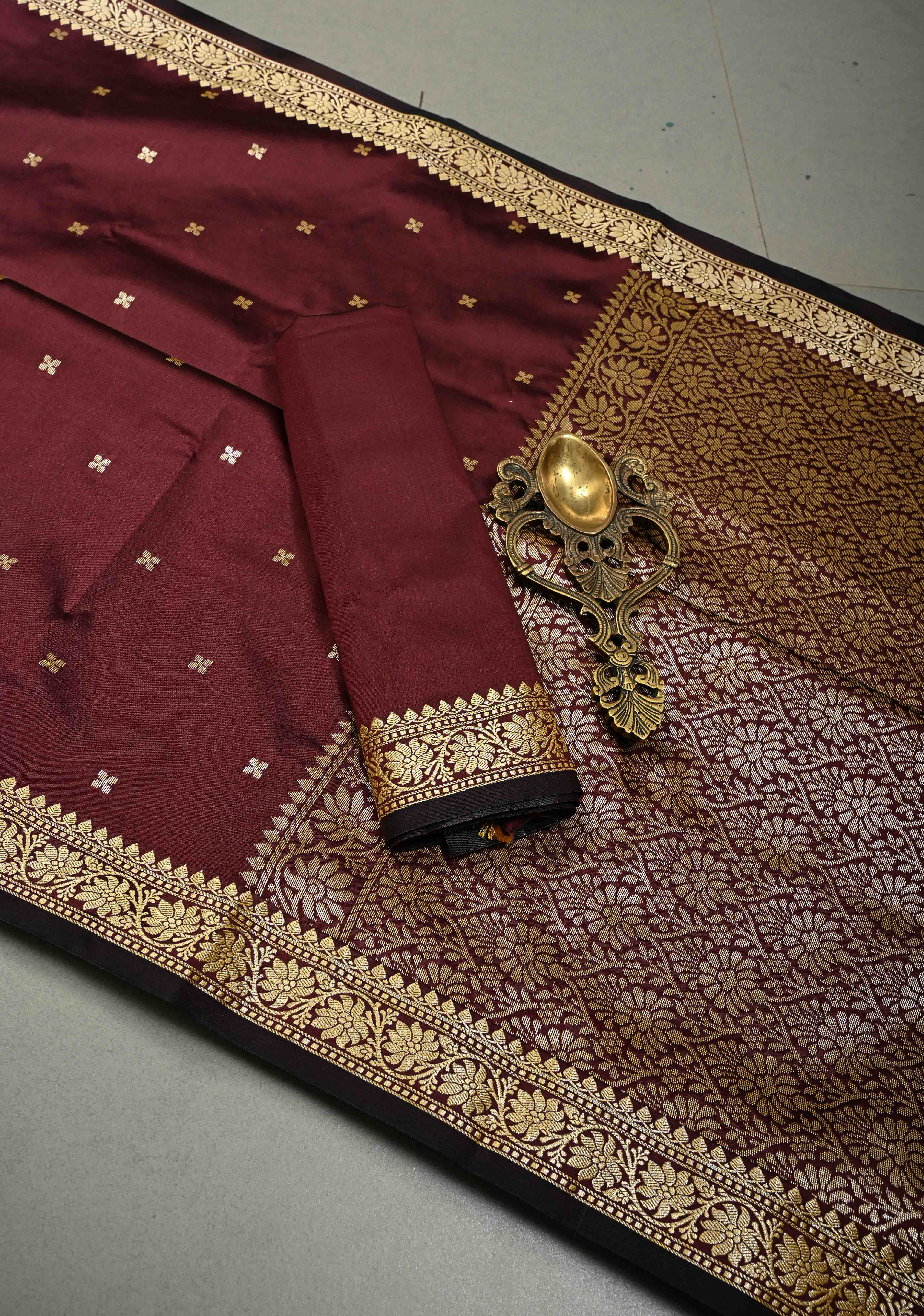 Burgundy Semi Silk Saree with Zari Buttis and Minimal Zari Border | SHOBITAM