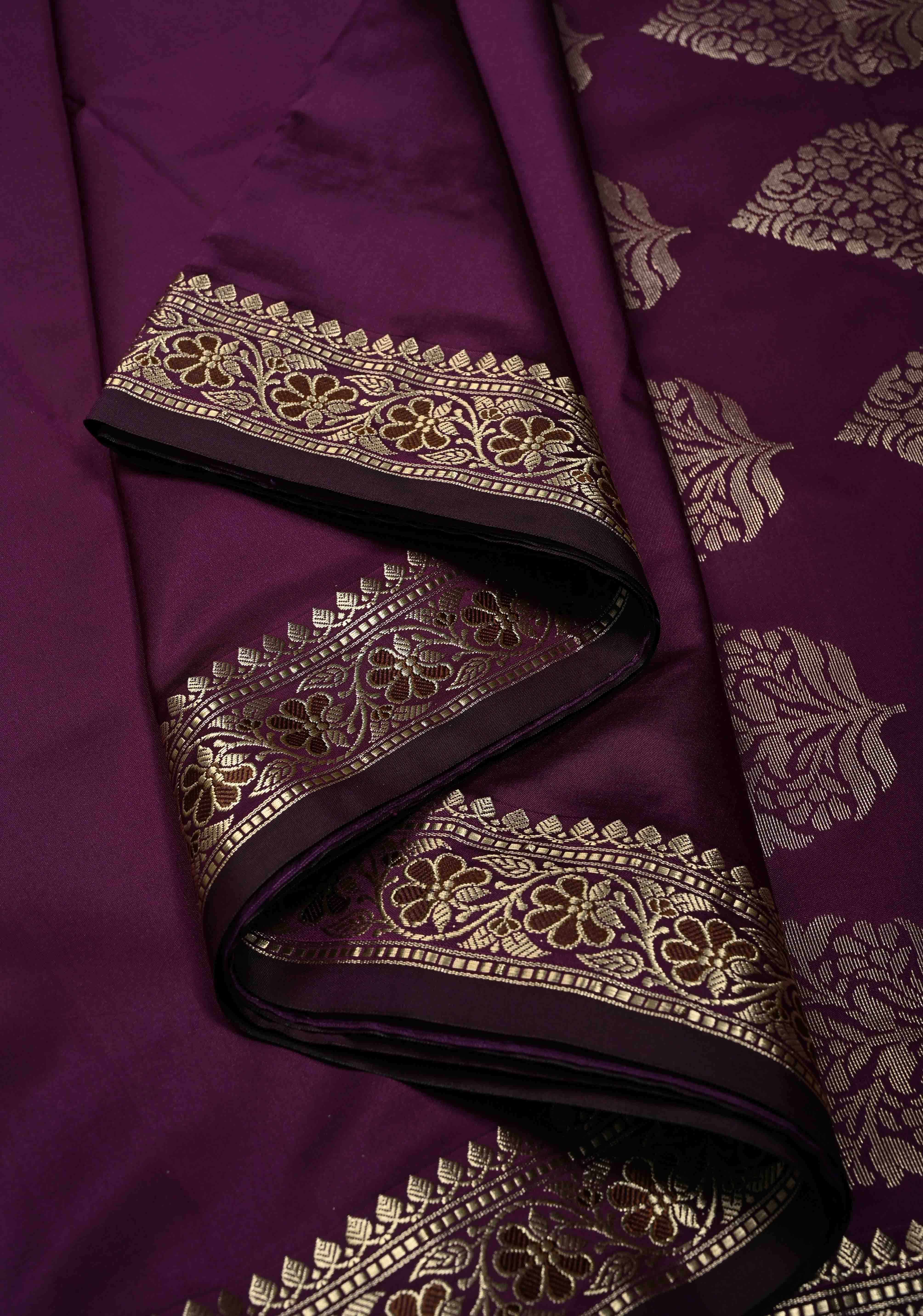 Eggplant Purple Semi Silk Saree with Minimal Meenakari Floral Zari Border | SHOBITAM