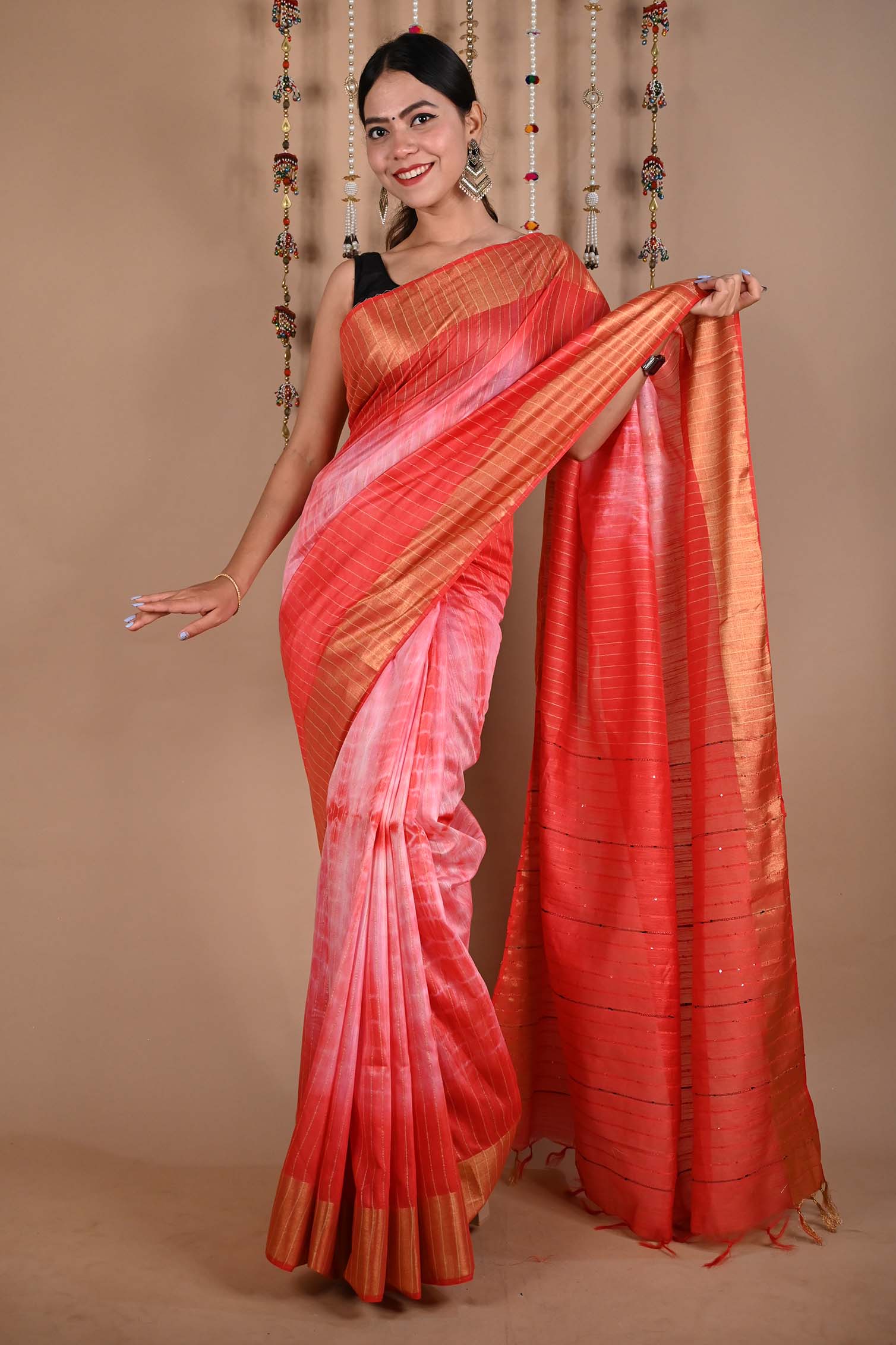 Premium Pink Shibori Bhagalpuri Cotton Silk with woven Zari and sequins With Ornate Pallo Wrap in 1 minute saree - Isadora Life
