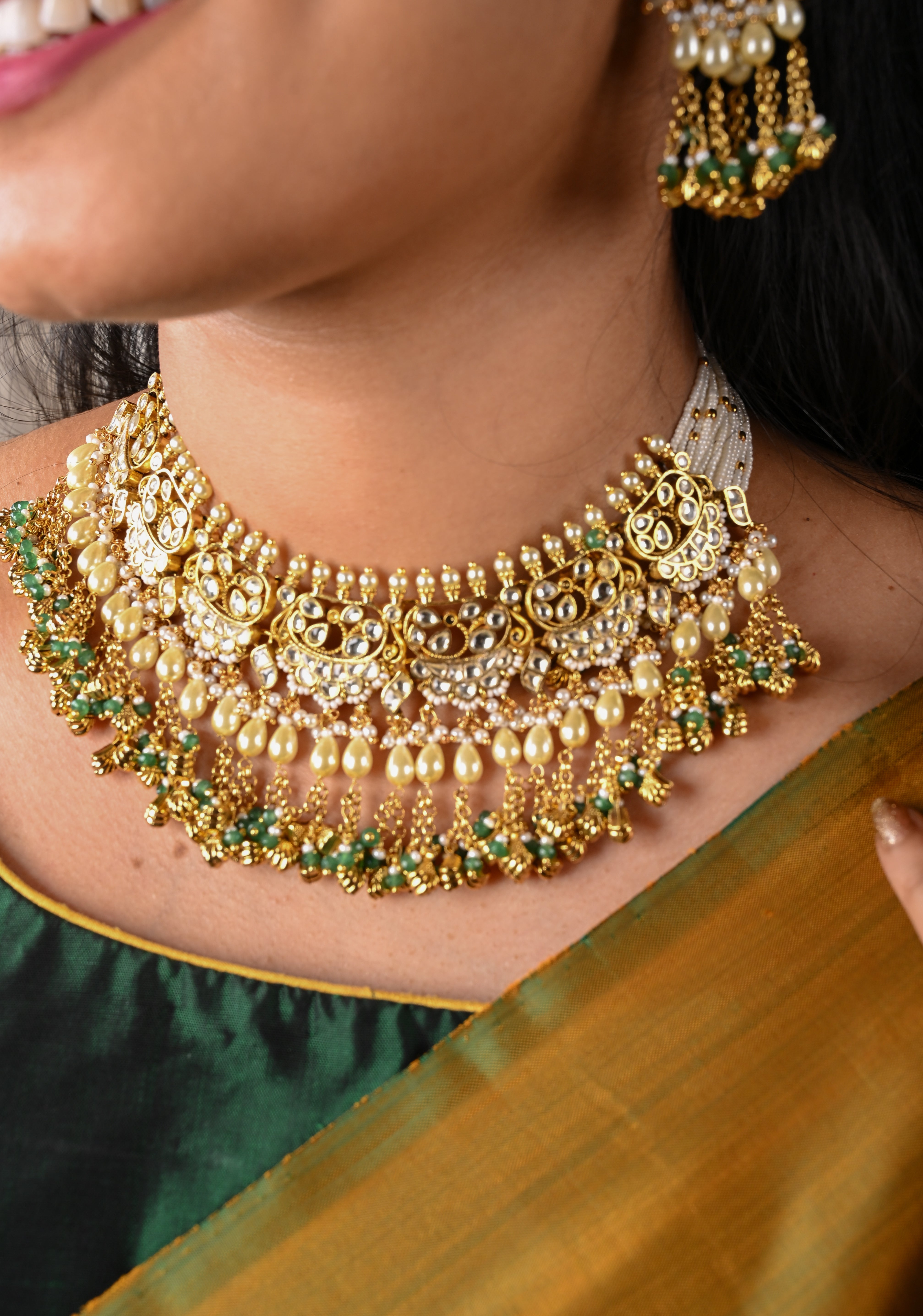 Rajwadi Ahmedabadi Jadau Necklace and Earrings Set with dangling chains design | SHOBITAM