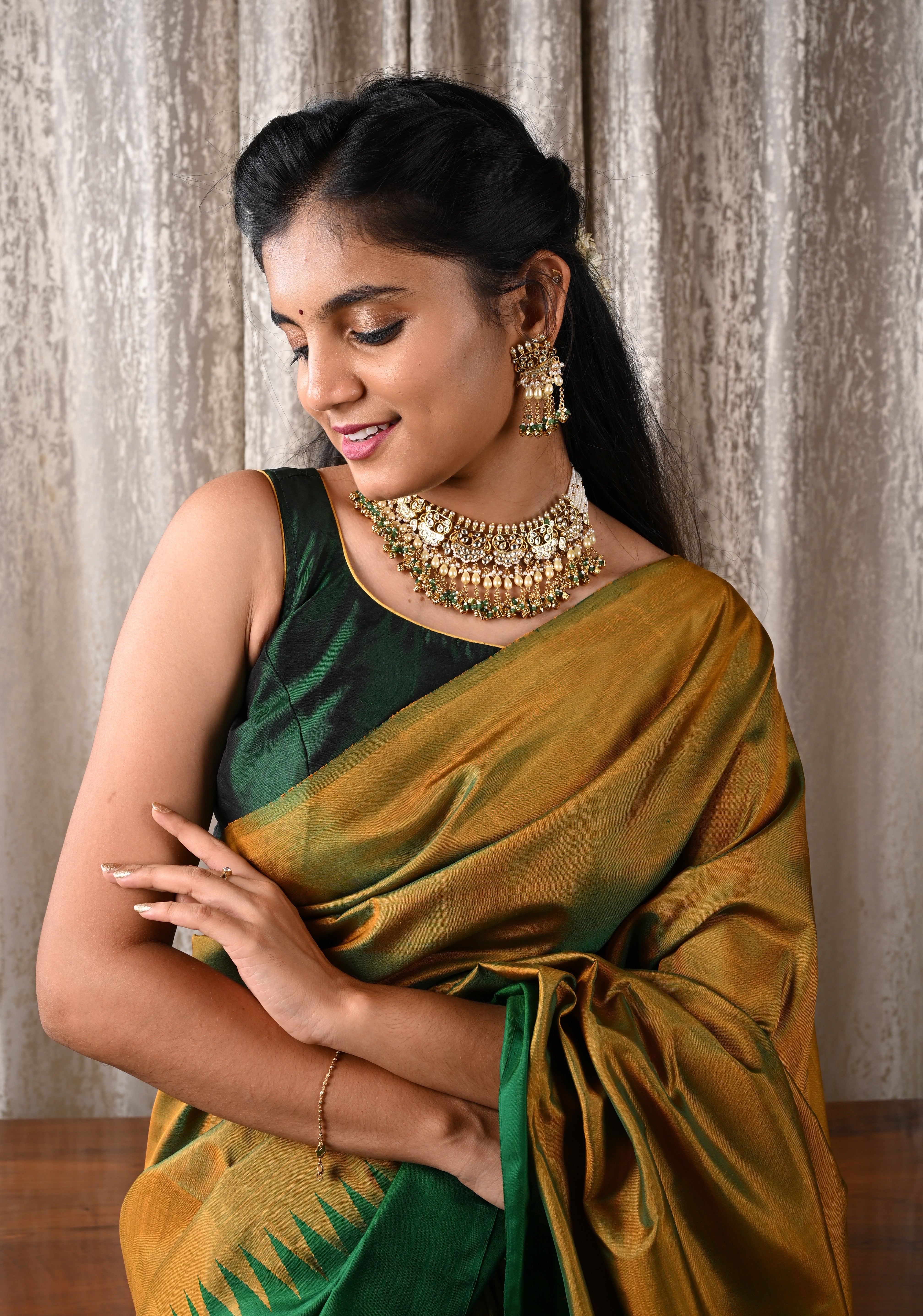 Rajwadi Ahmedabadi Jadau Necklace and Earrings Set with dangling chains design | SHOBITAM