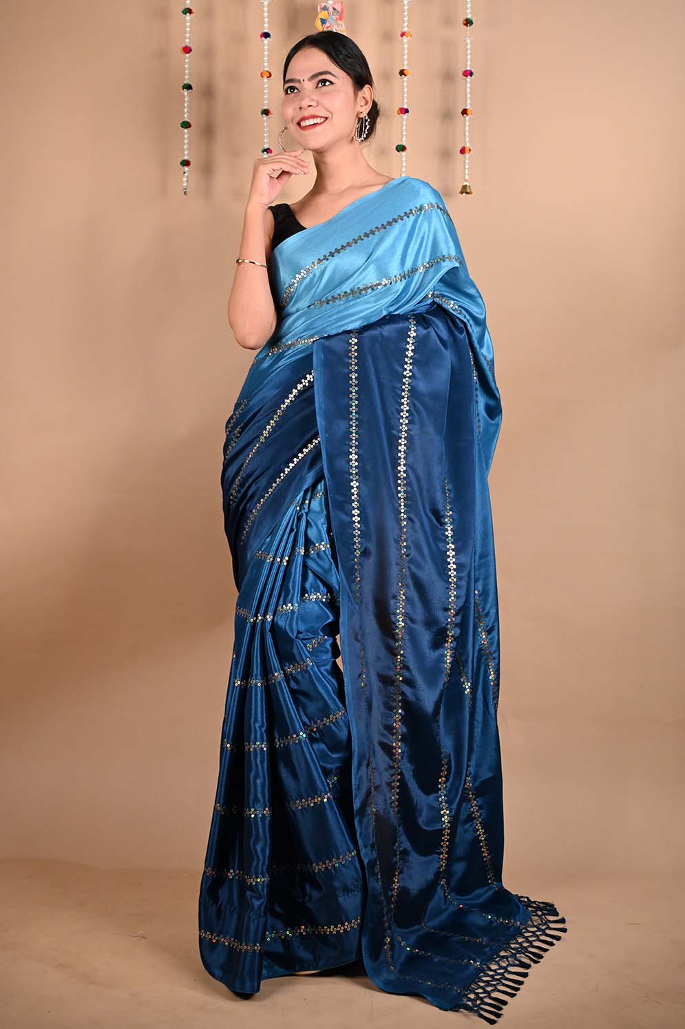 Ready To Wear Premium Soft Satin Silk Blue ombre With Sequin Embellished & Ornate palla Wrap in 1 minute saree - Isadora Life
