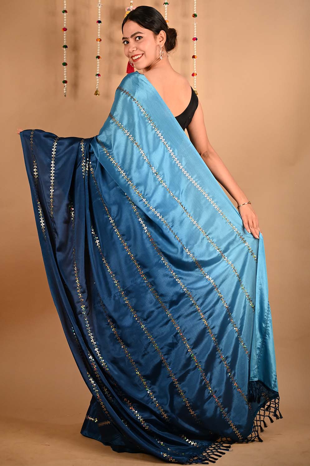 Ready To Wear Premium Soft Satin Silk Blue ombre With Sequin Embellished & Ornate palla Wrap in 1 minute saree - Isadora Life