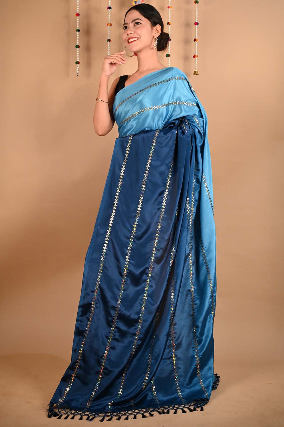 Ready To Wear Premium Soft Satin Silk Blue ombre With Sequin Embellished & Ornate palla Wrap in 1 minute saree - Isadora Life