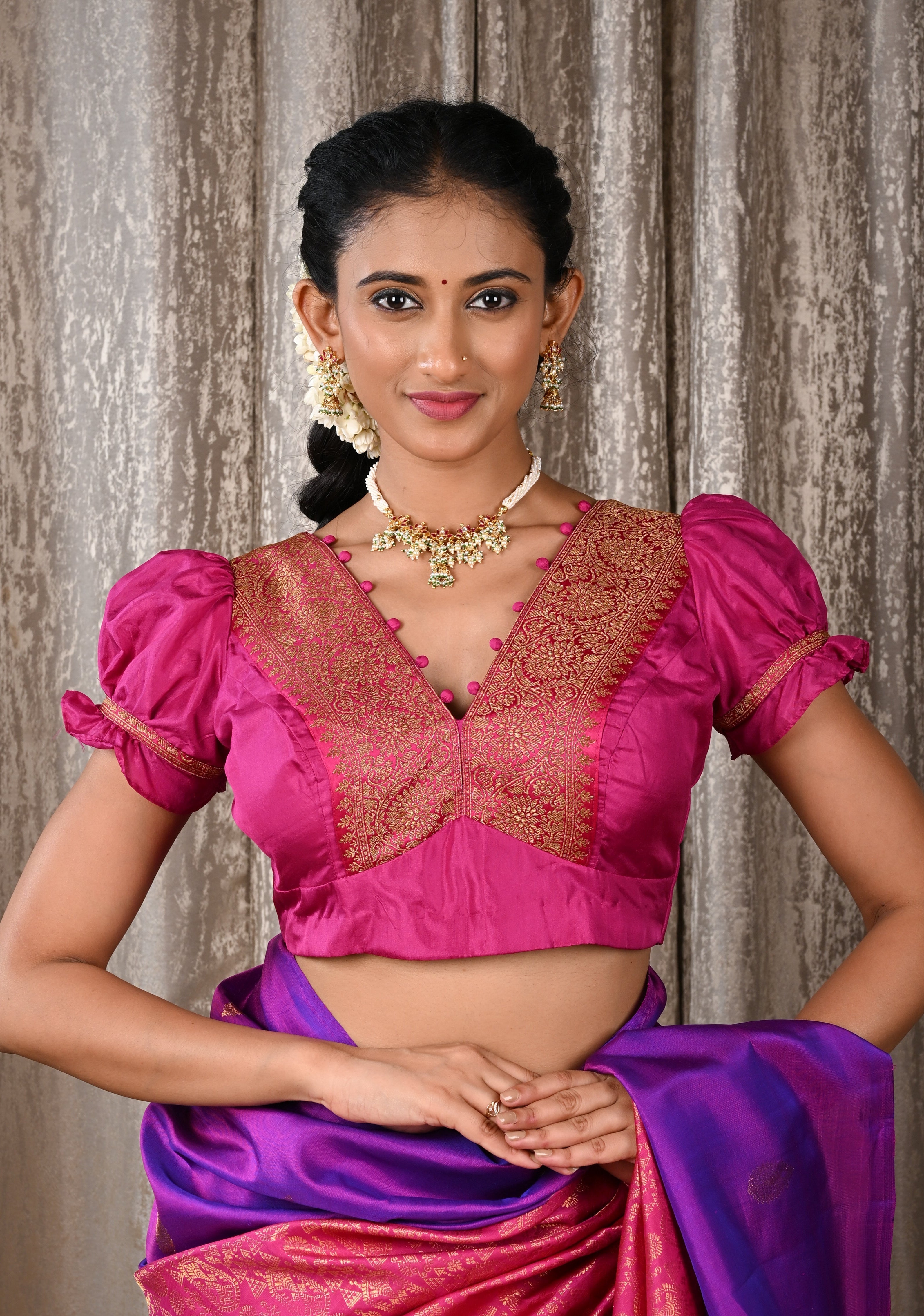 Fuchsia Pure Silk Blouse with Antique Zari Banarasi Border detailing and Puff Sleeves, Potli Buttons, Customizable, Made to Order | Shobitam