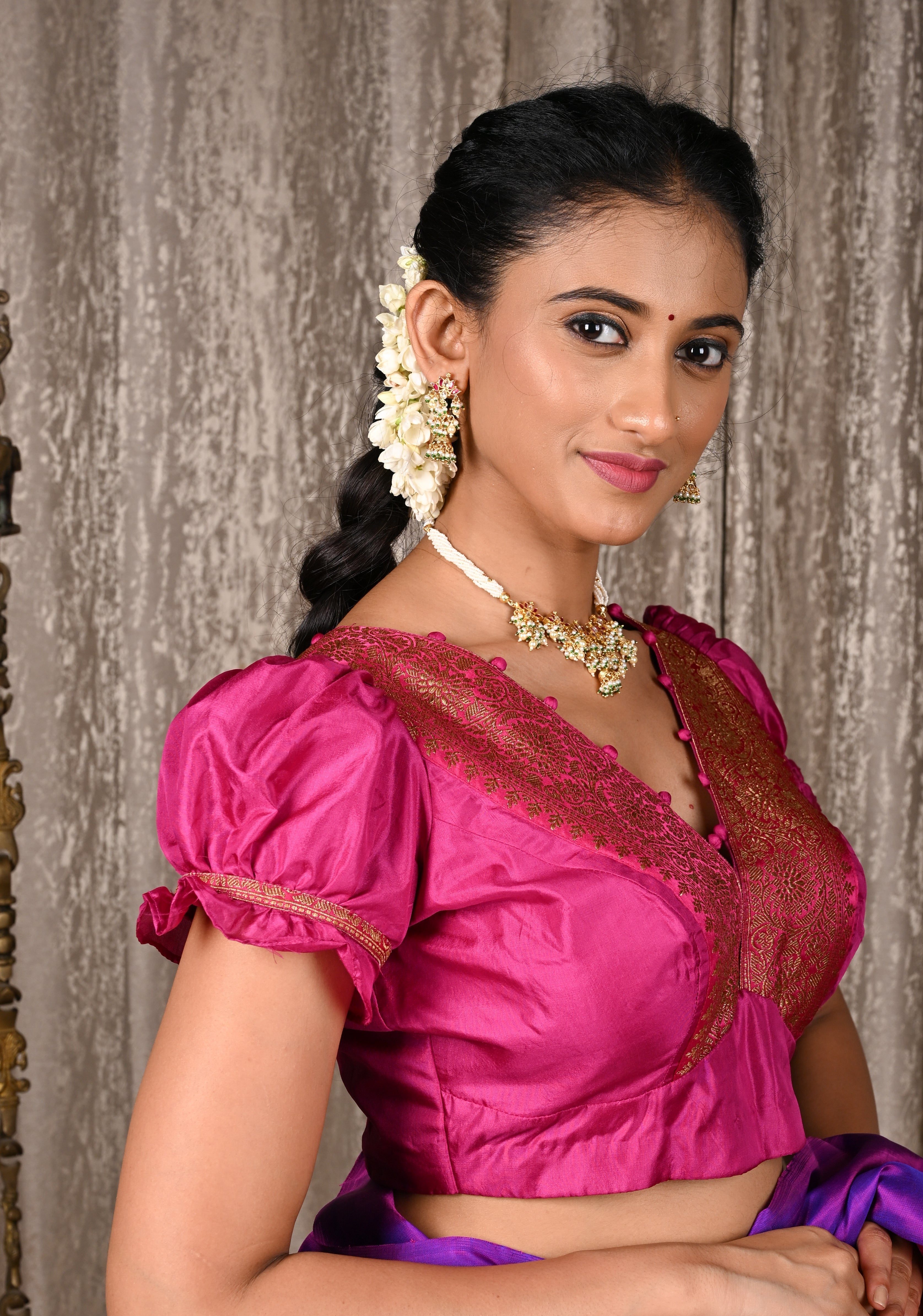 Fuchsia Pure Silk Blouse with Antique Zari Banarasi Border detailing and Puff Sleeves, Potli Buttons, Customizable, Made to Order | Shobitam