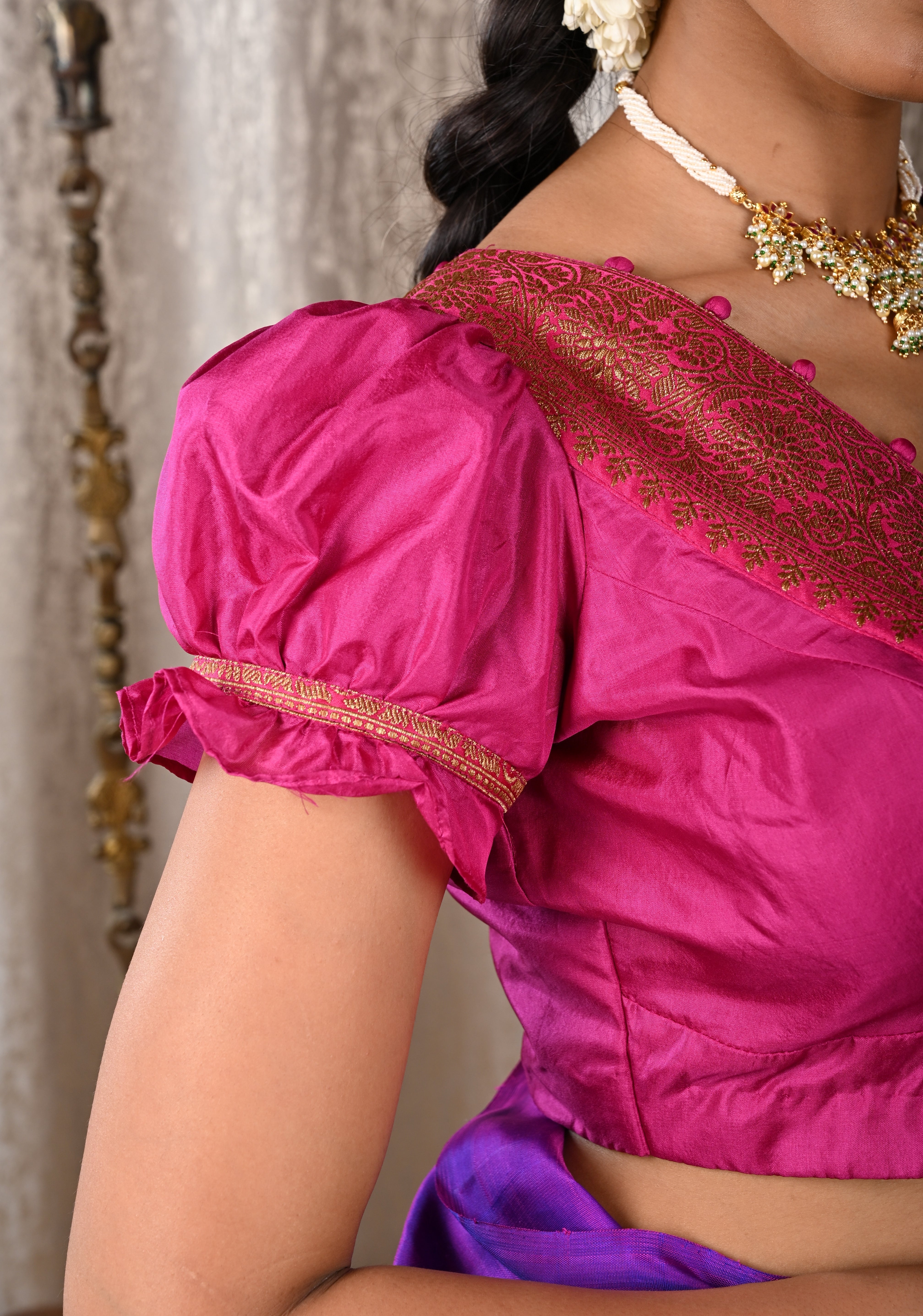 Fuchsia Pure Silk Blouse with Antique Zari Banarasi Border detailing and Puff Sleeves, Potli Buttons, Customizable, Made to Order | Shobitam
