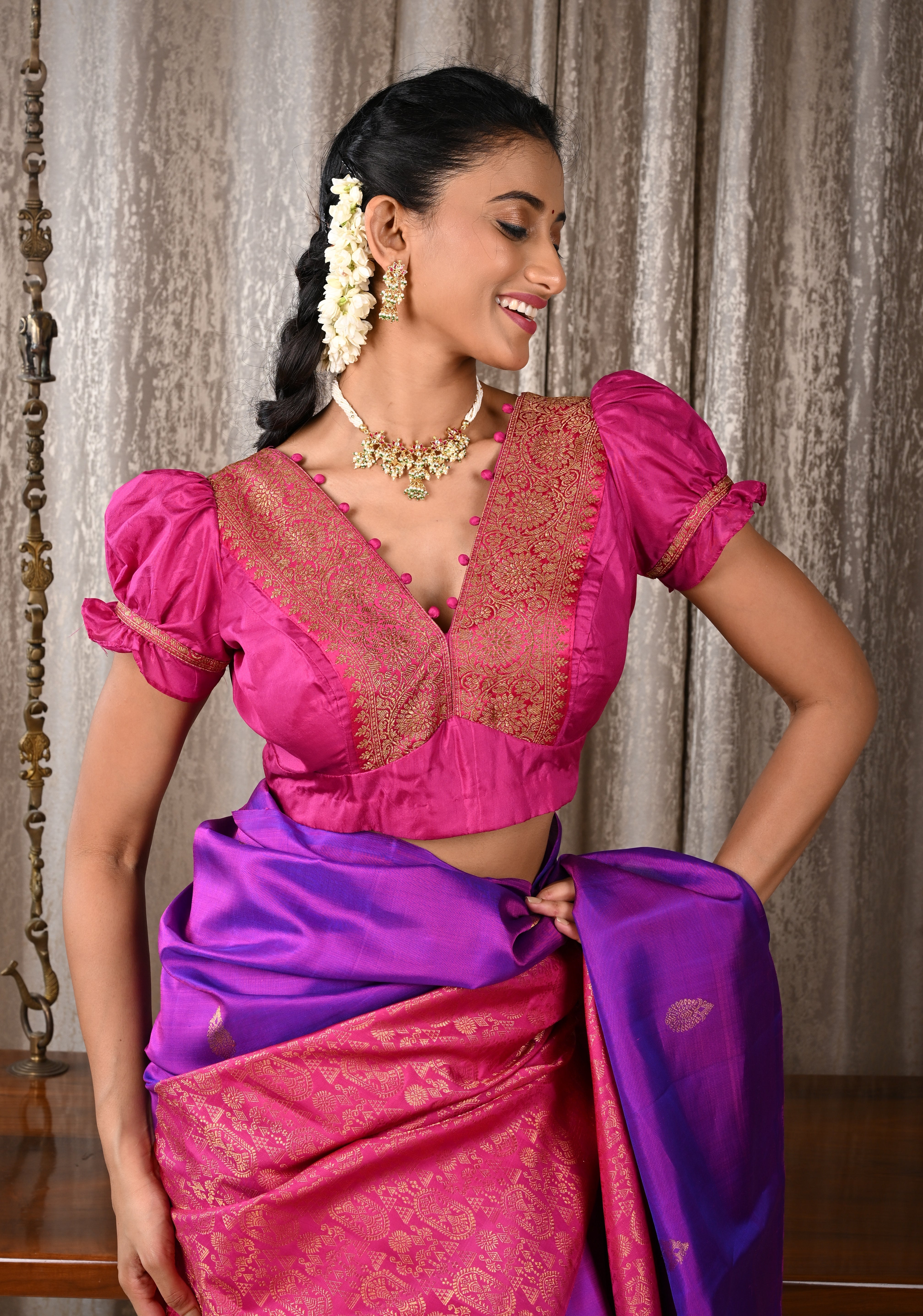 Fuchsia Pure Silk Blouse with Antique Zari Banarasi Border detailing and Puff Sleeves, Potli Buttons, Customizable, Made to Order | Shobitam