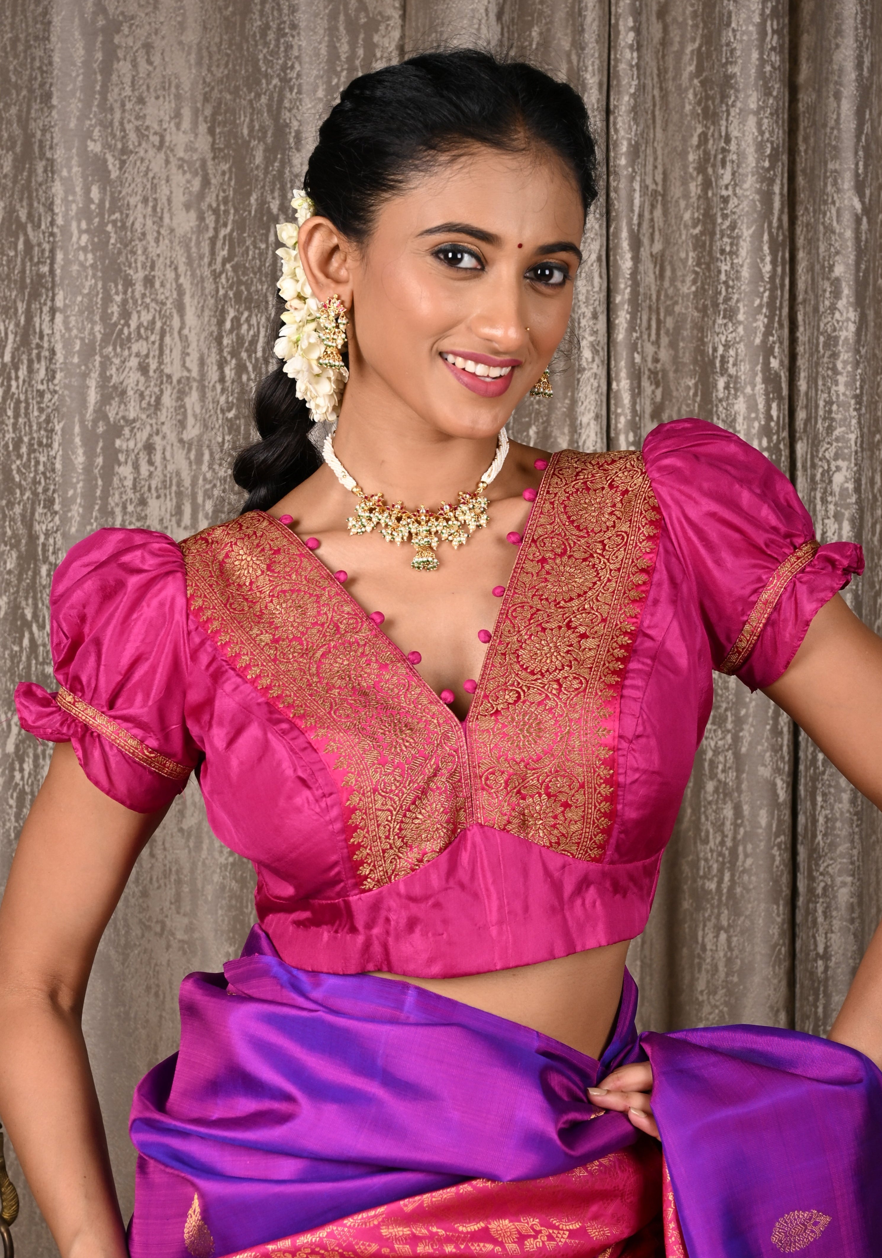 Fuchsia Pure Silk Blouse with Antique Zari Banarasi Border detailing and Puff Sleeves, Potli Buttons, Customizable, Made to Order | Shobitam
