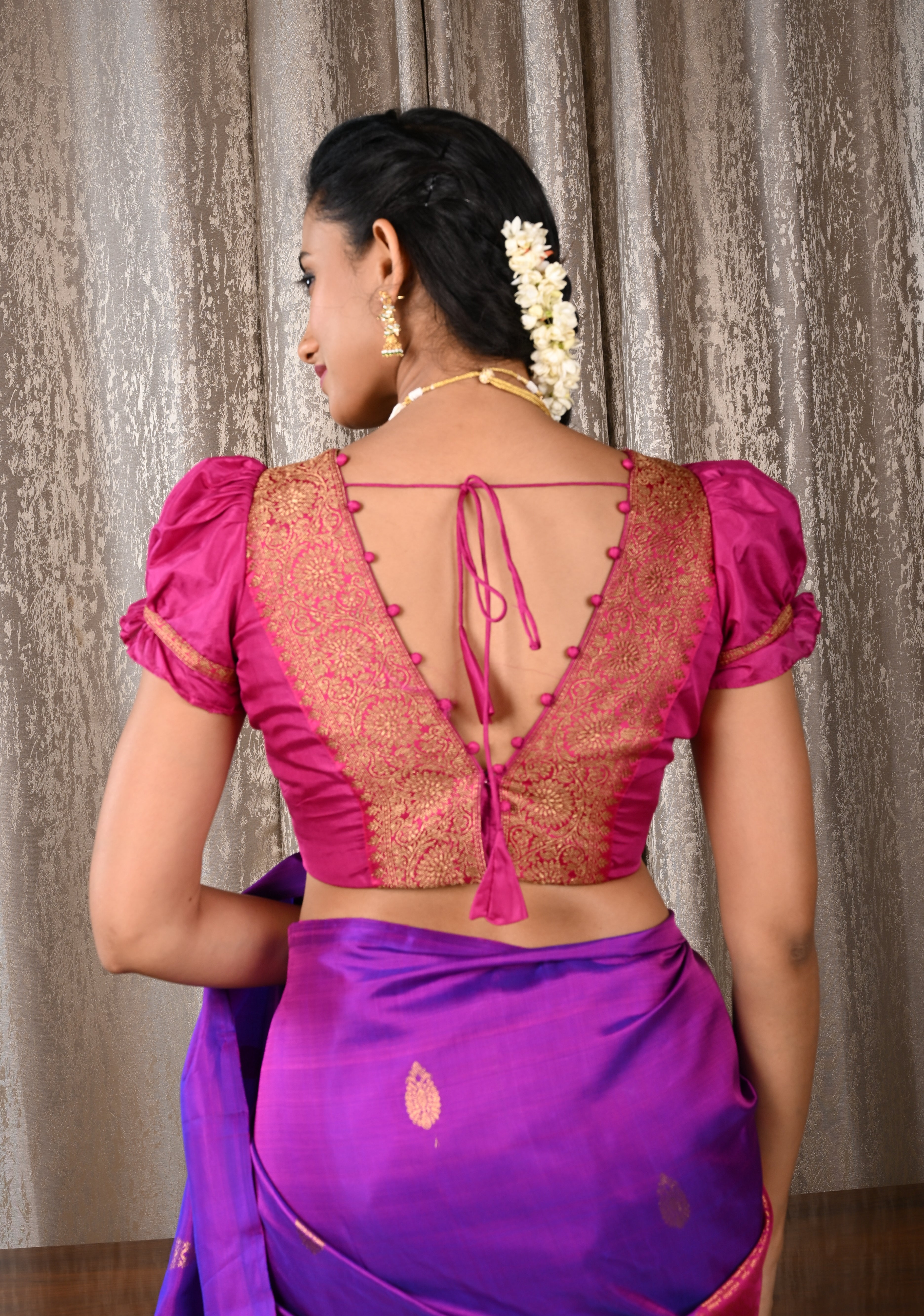 Fuchsia Pure Silk Blouse with Antique Zari Banarasi Border detailing and Puff Sleeves, Potli Buttons, Customizable, Made to Order | Shobitam