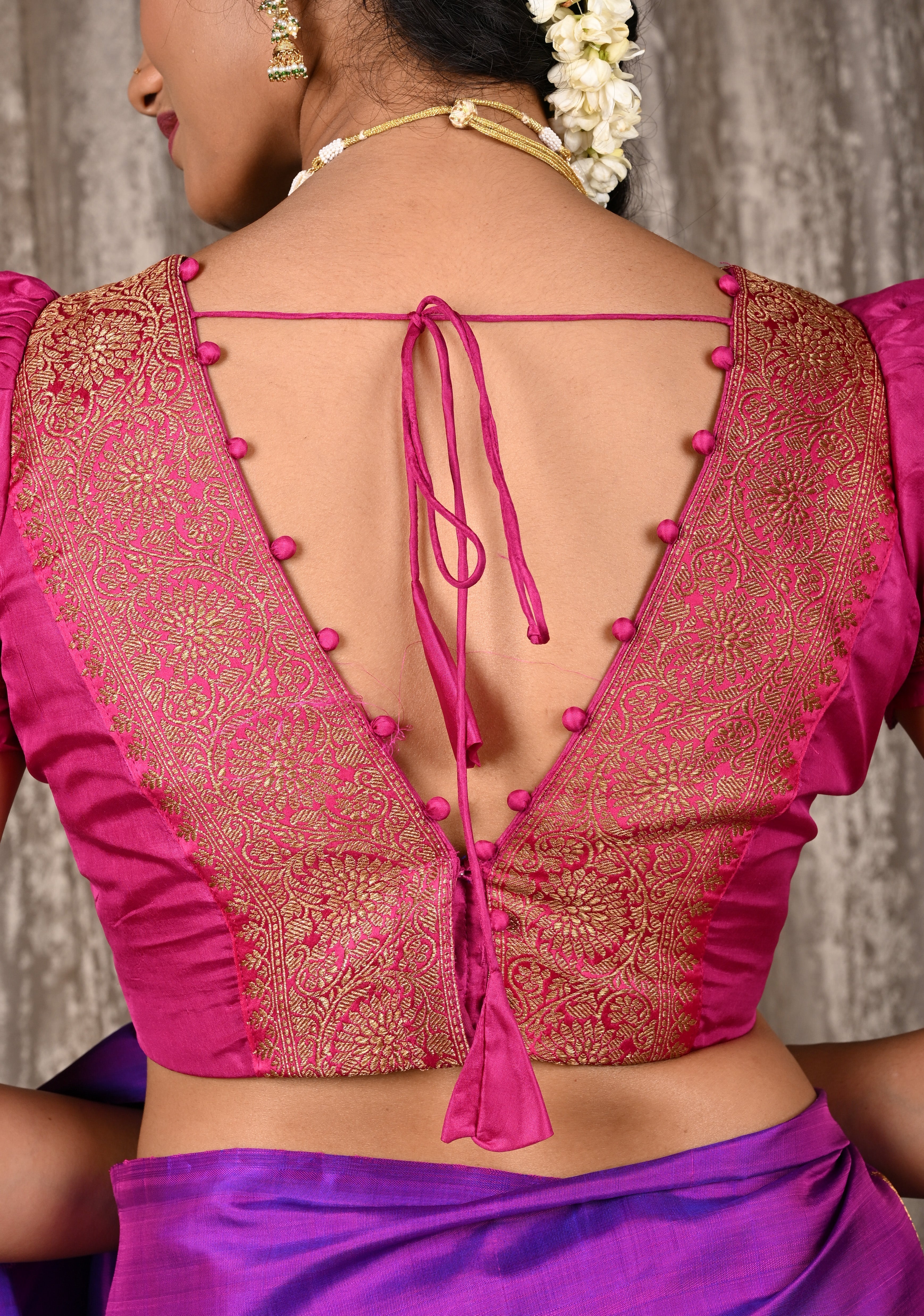 Fuchsia Pure Silk Blouse with Antique Zari Banarasi Border detailing and Puff Sleeves, Potli Buttons, Customizable, Made to Order | Shobitam