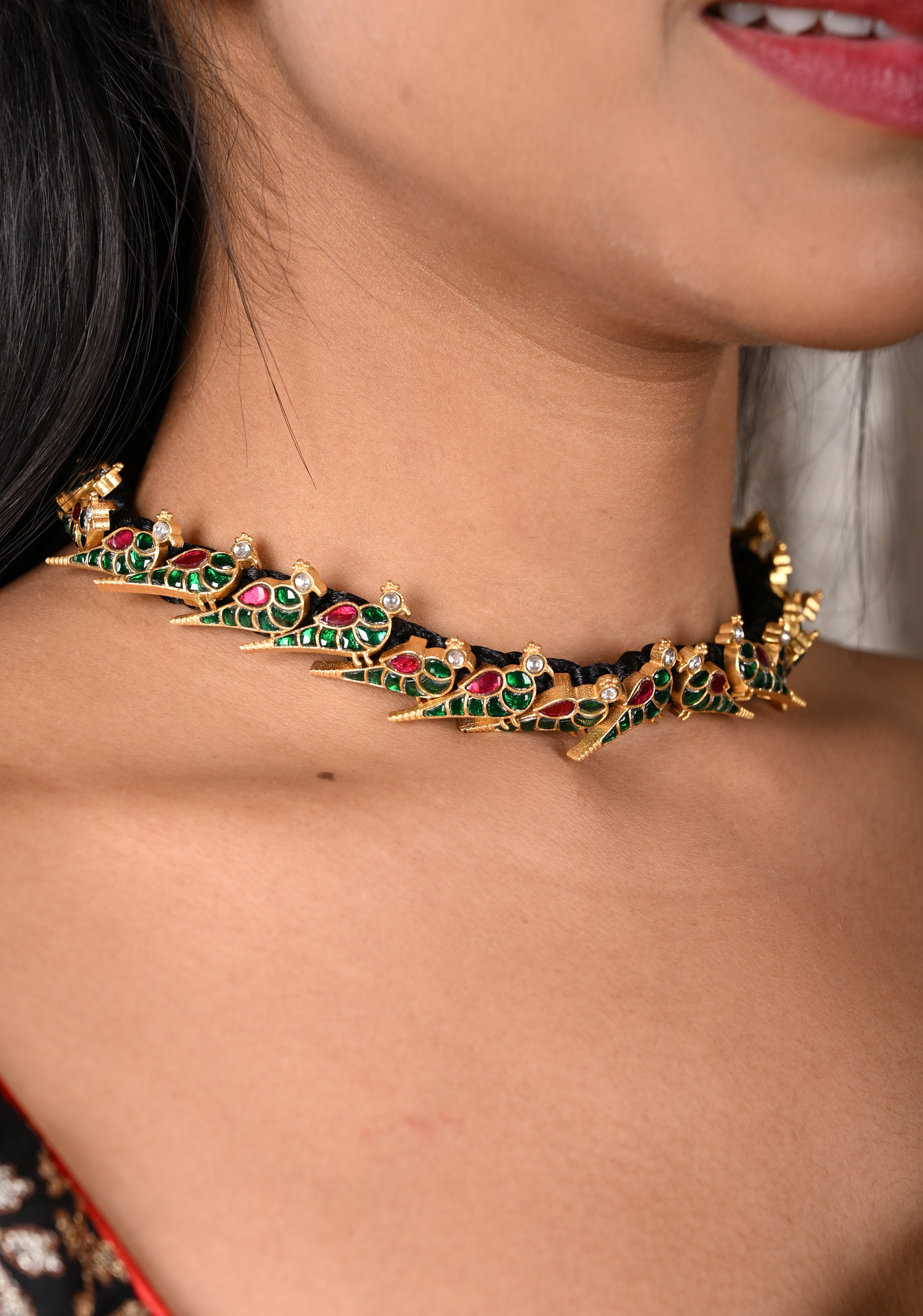 Peacock Choker Set With Kundan Stone in Black Thread And Matching Earrings | Shobitam