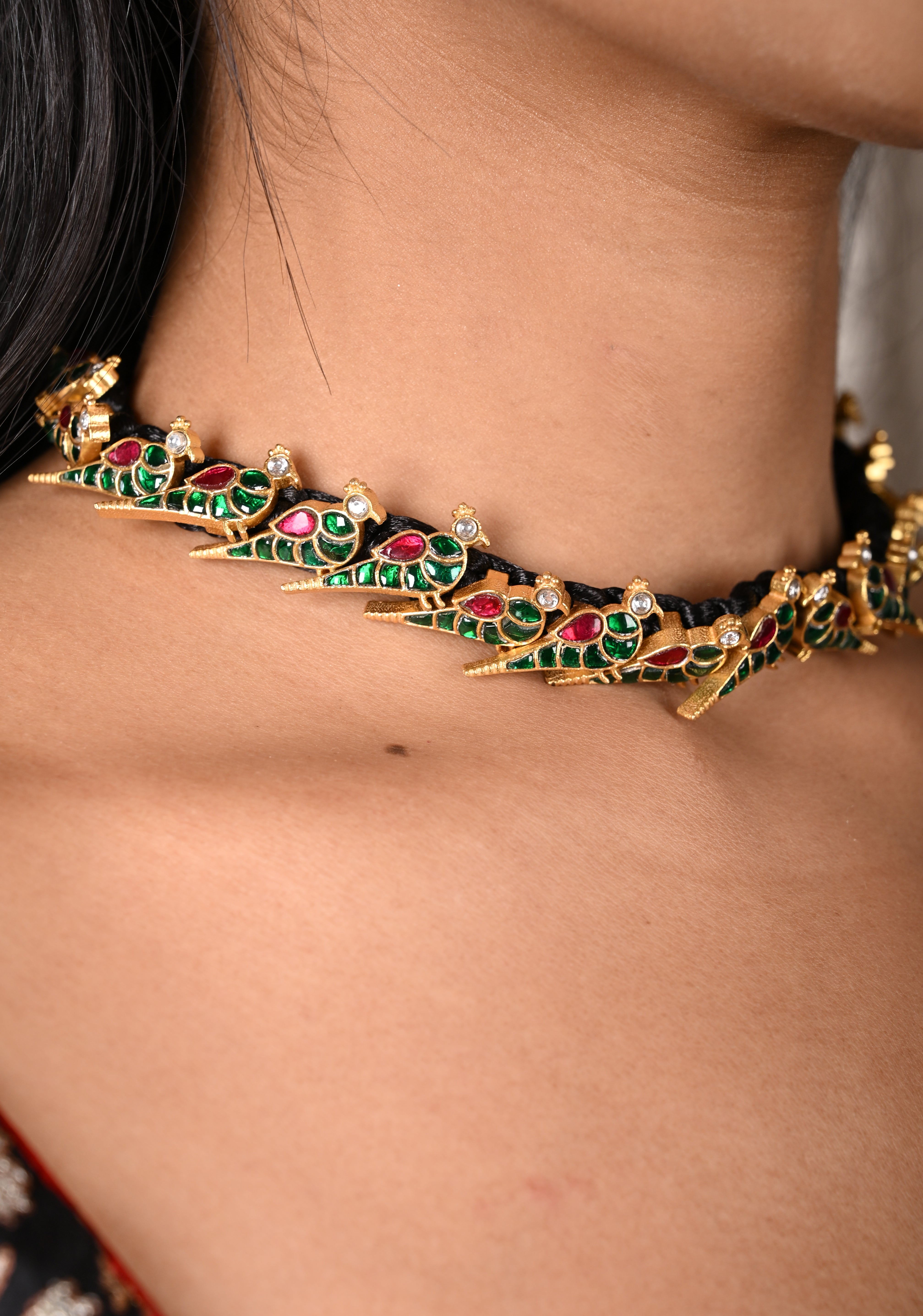 Peacock Choker Set With Kundan Stone in Black Thread And Matching Earrings | Shobitam