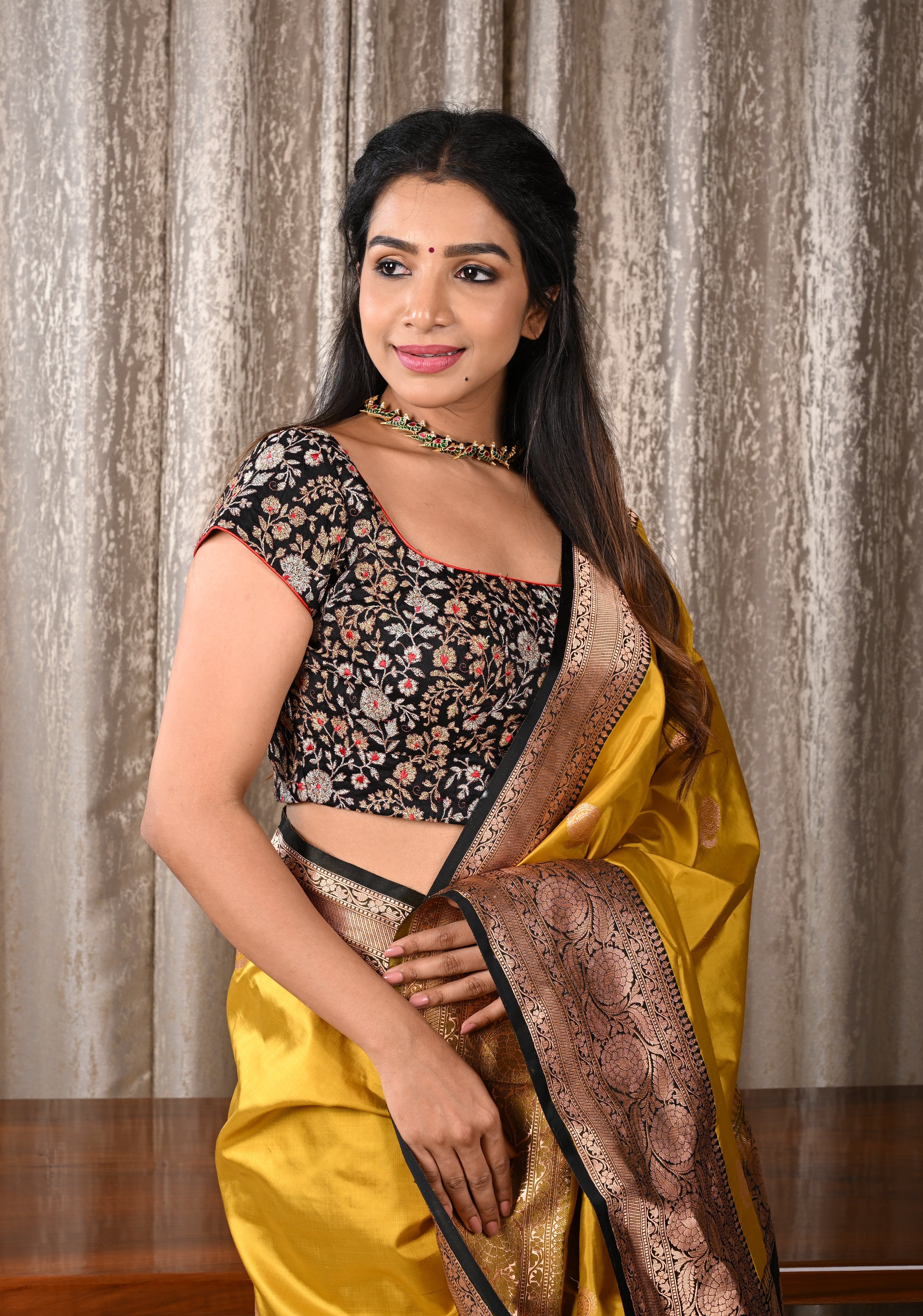 Black Raw Silk Full Jaal Embroidery Blouse with scoop neck and short sleeves, Customizable, Made to order | Shobitam