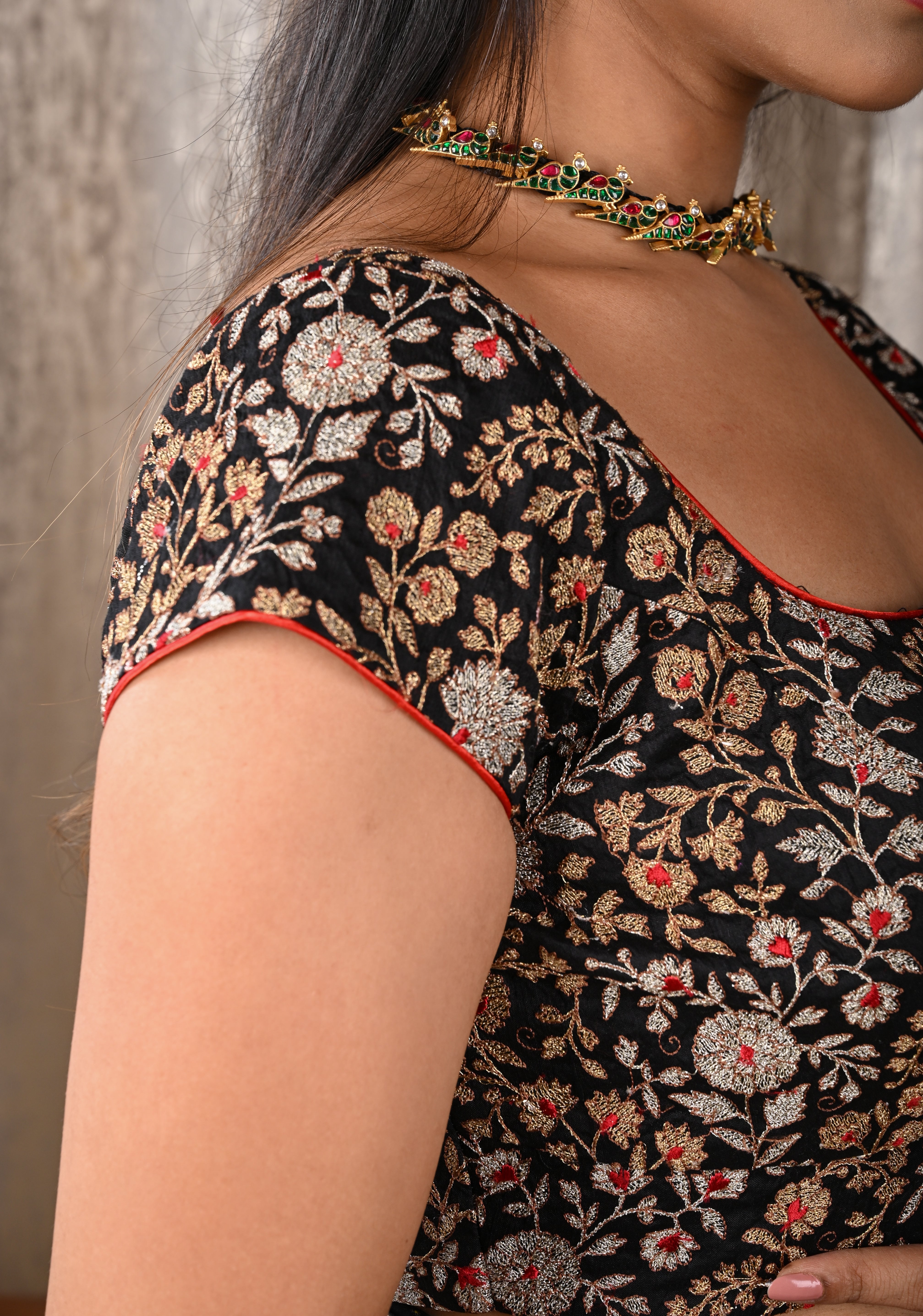 Black Raw Silk Full Jaal Embroidery Blouse with scoop neck and short sleeves, Customizable, Made to order | Shobitam