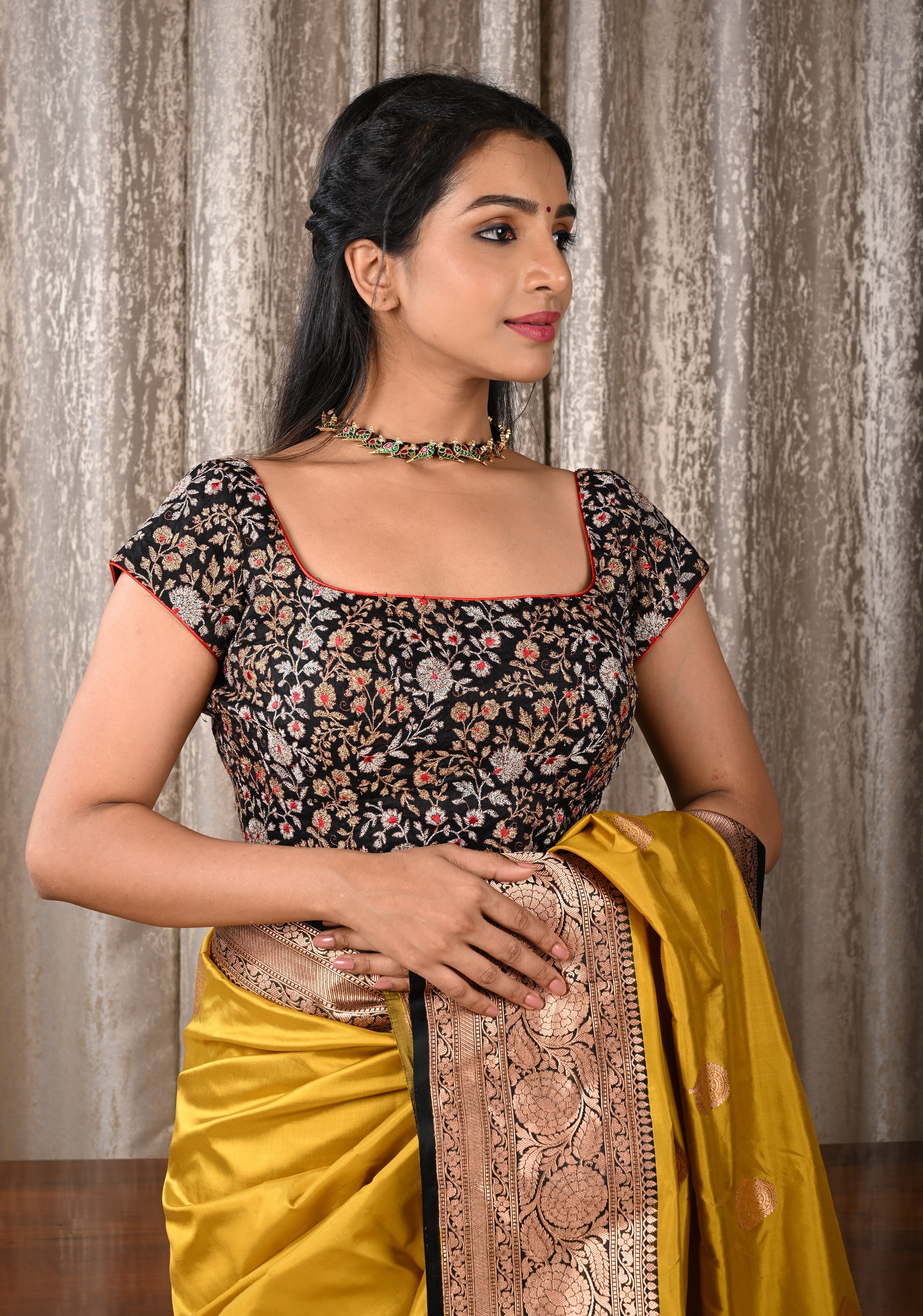 Black Raw Silk Full Jaal Embroidery Blouse with scoop neck and short sleeves, Customizable, Made to order | Shobitam