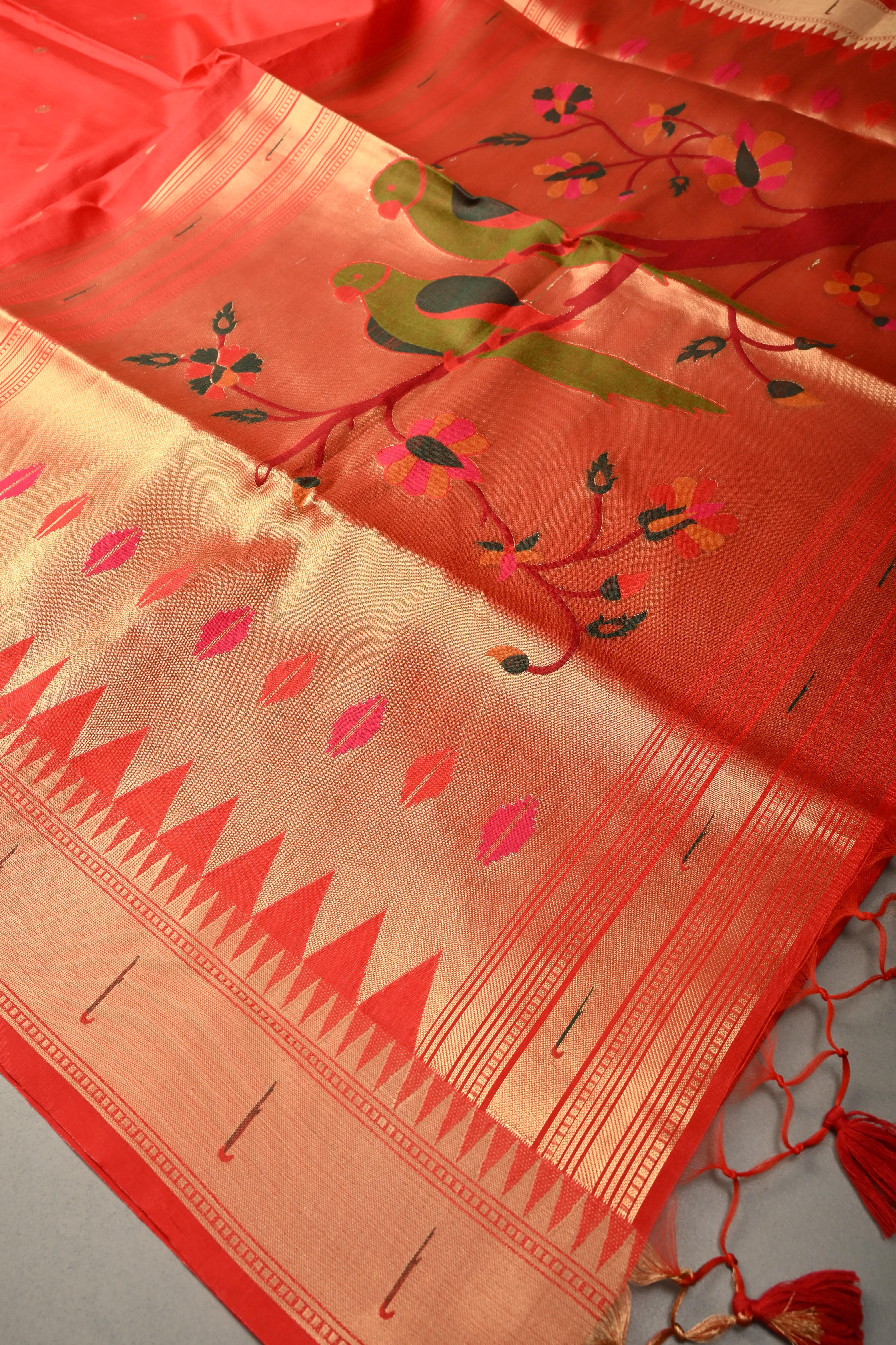 Blood Red Zari Buttas on mercerized cotton Saree with Muniya Zari Border and Meenakari Paithani Style Parrot Pallu | Shobitam