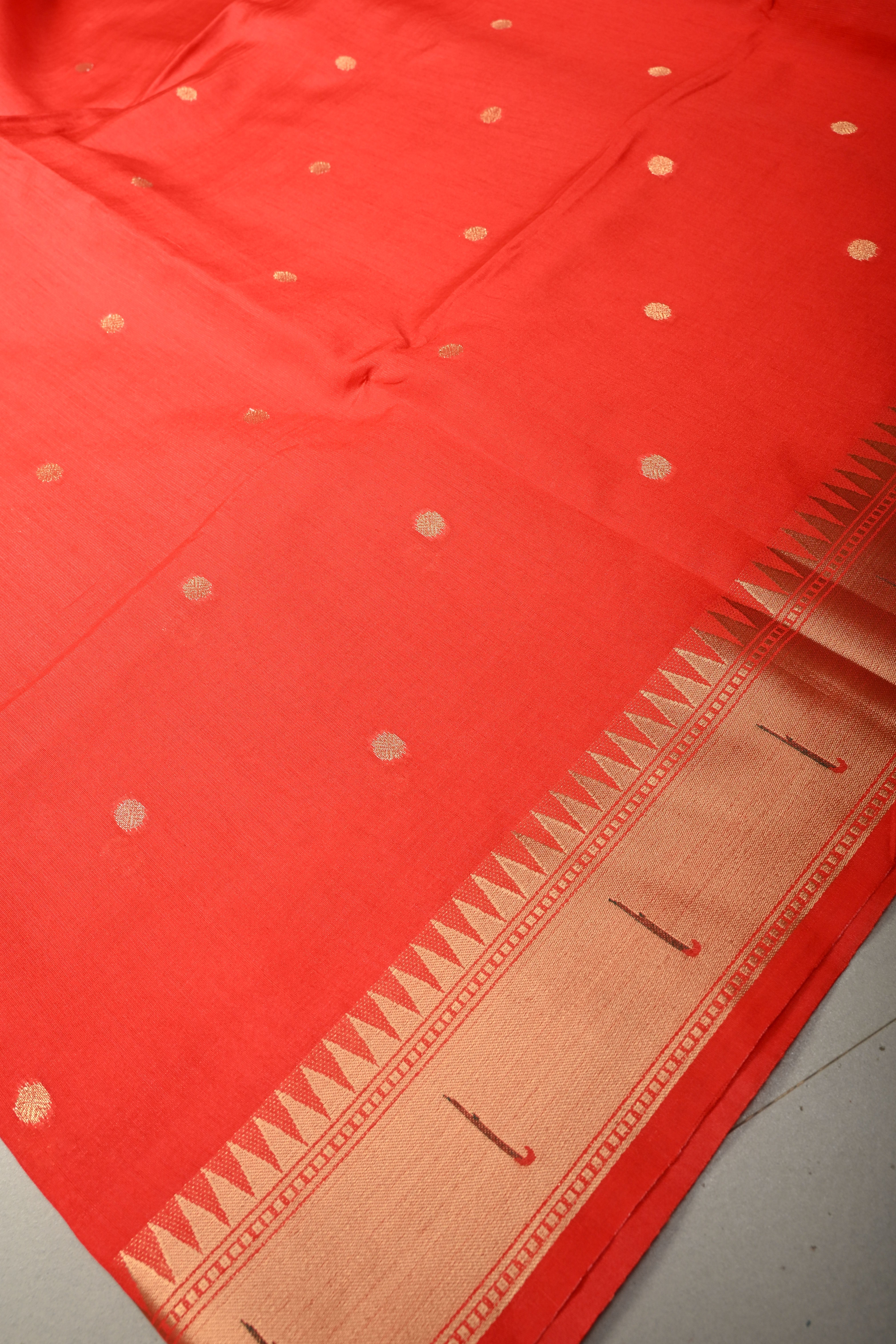 Blood Red Zari Buttas on mercerized cotton Saree with Muniya Zari Border and Meenakari Paithani Style Parrot Pallu | Shobitam